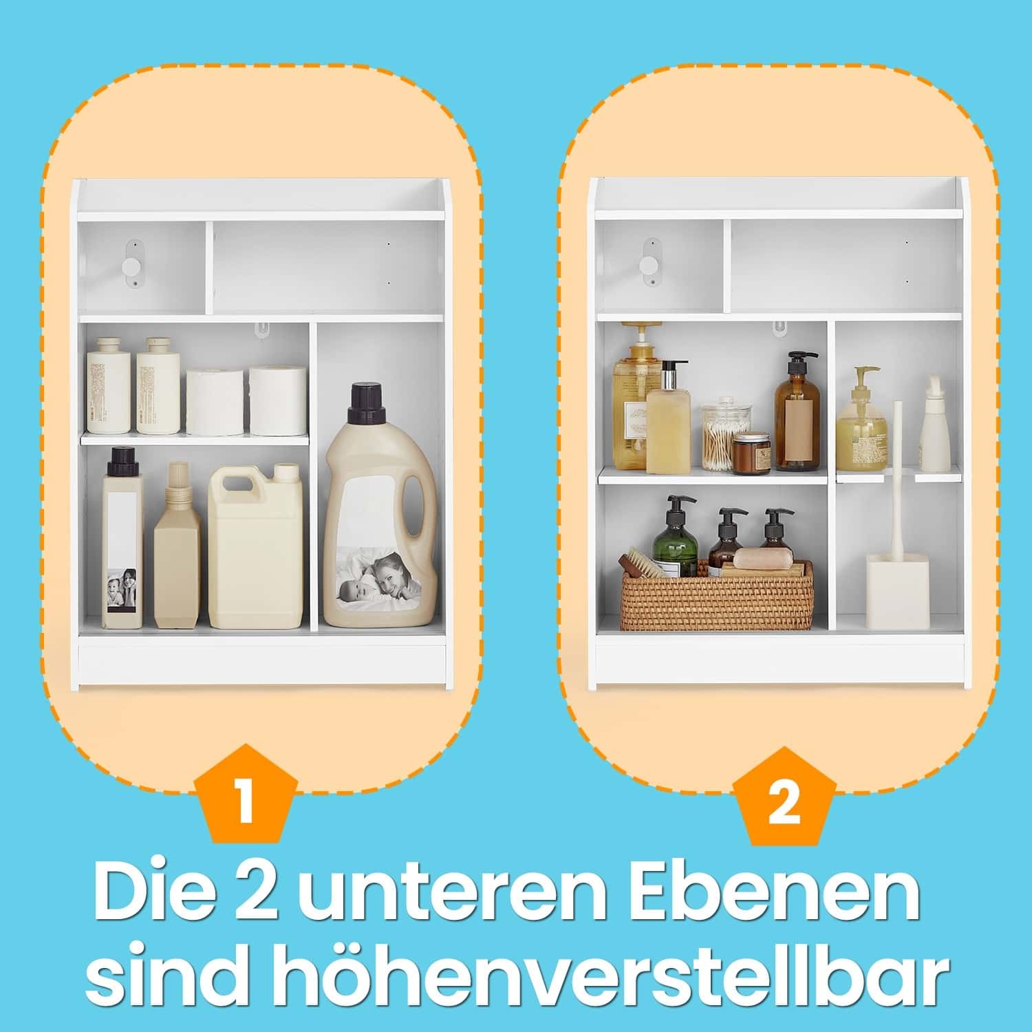 Schmaler Badschrank mit Schiebetüren, verstellbaren Einlegeböden und Toilettenpapierhalter, für Badezimmer neben der Toilette