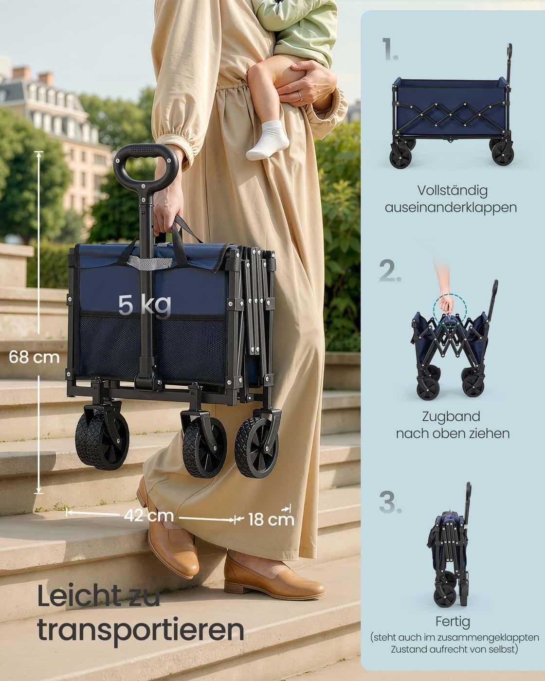 Kleiner Handwagen faltbar mit 4 verstärkten Rollen und Griff Mitternachtsblau Kleiner Handwagen faltbar mit 4 verstärkten Rollen und Griff Mitternachtsblau