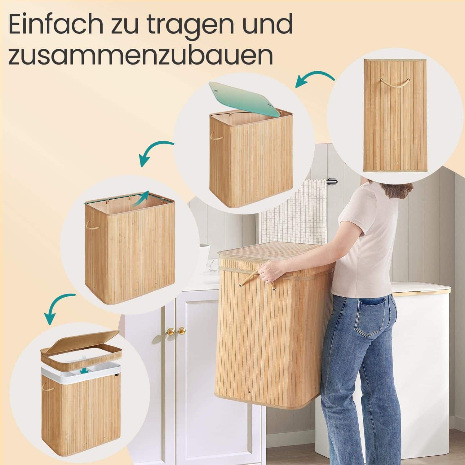 Wäschekorb mit Deckel, Wäschesammler Bambus, Wäschesack mit Griffen herausnehmbar und maschinenwaschbar