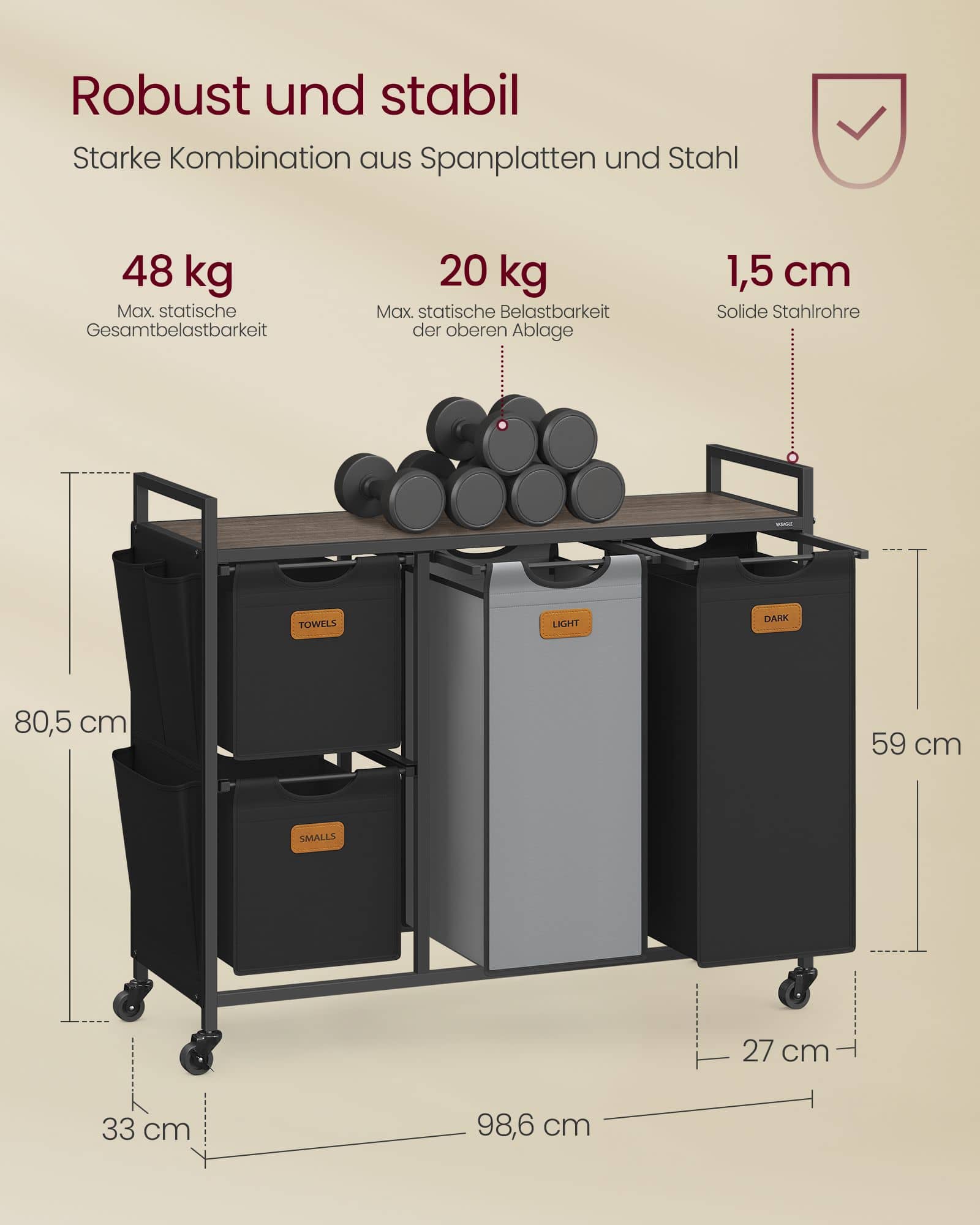 Wäschekorb 4 Fächer kastanienbraun-tintenschwarz-taubengrau Wäschekorb 4 Fächer kastanienbraun-tintenschwarz-taubengrau