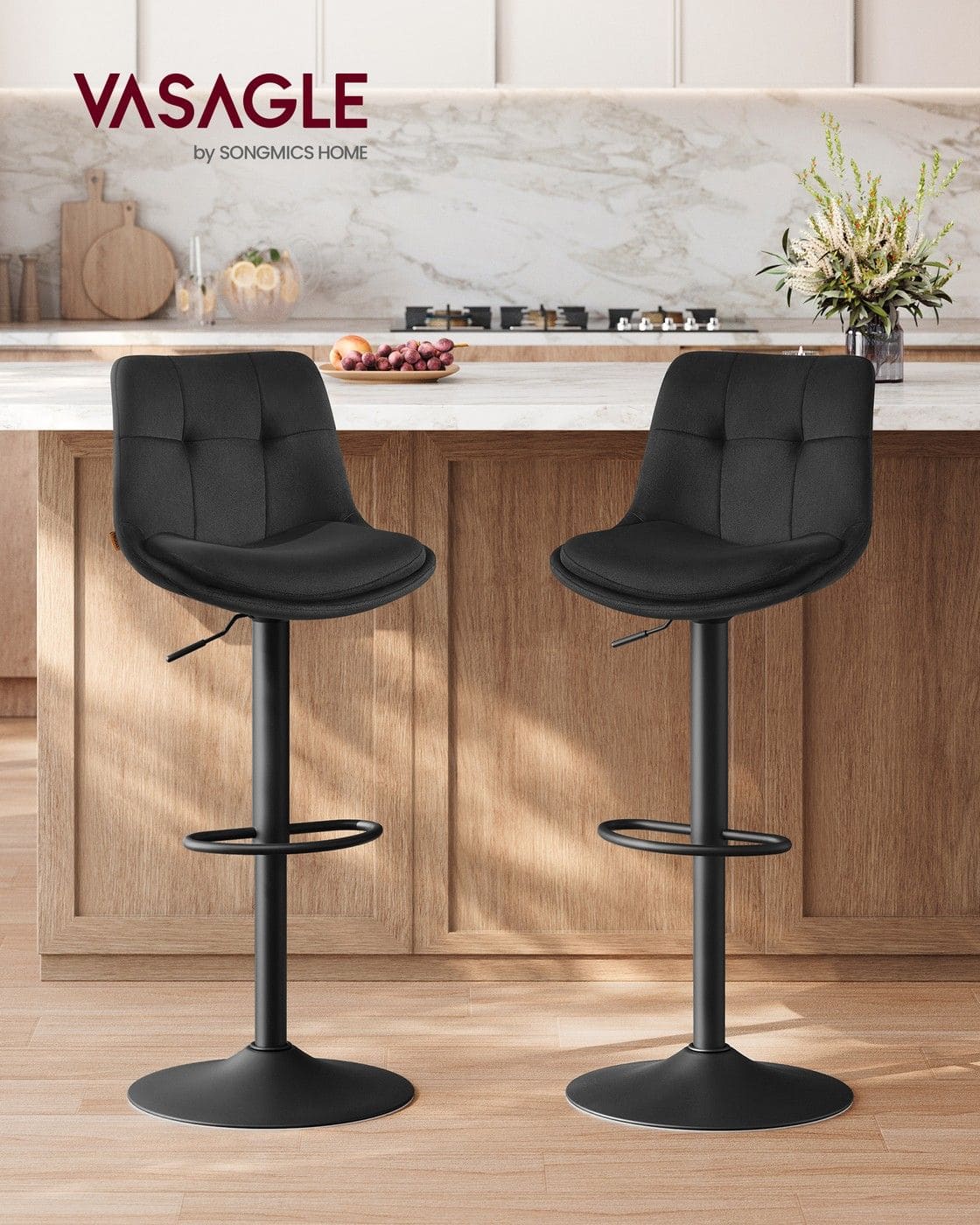 Barhocker 2er Set aus Samt höhenverstellbar drehbar tintenschwarz