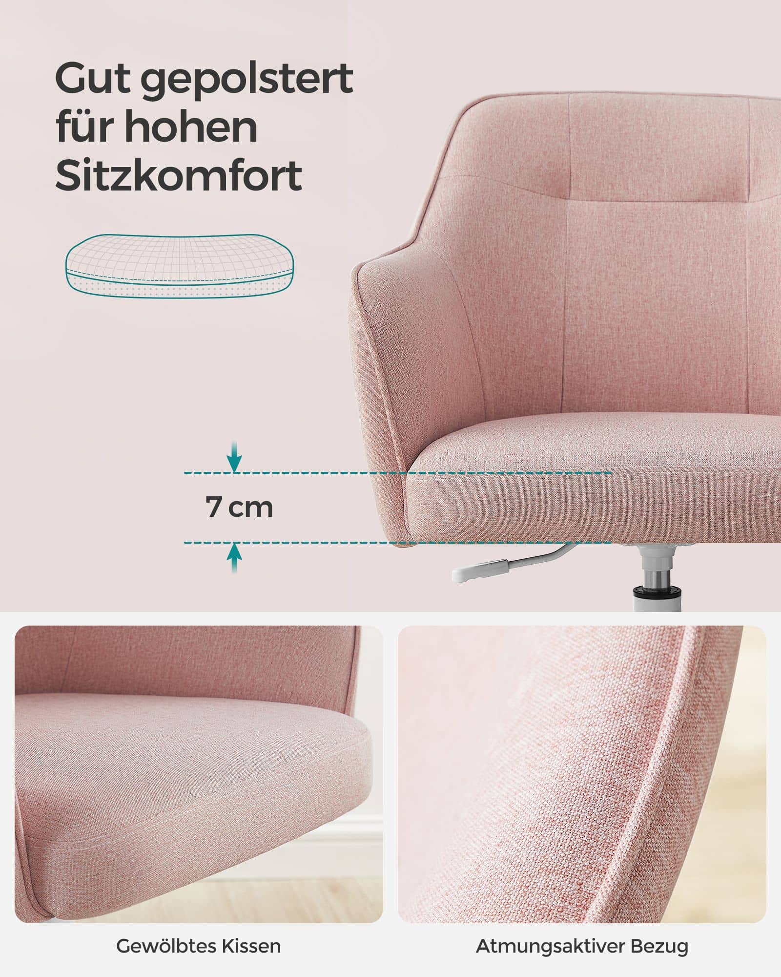 Homeoffice Stuhl höhenverstellbar atmungsaktiver Stoff rosa-B34OBG019P01 Homeoffice Stuhl höhenverstellbar atmungsaktiver Stoff rosa-B34OBG019P01