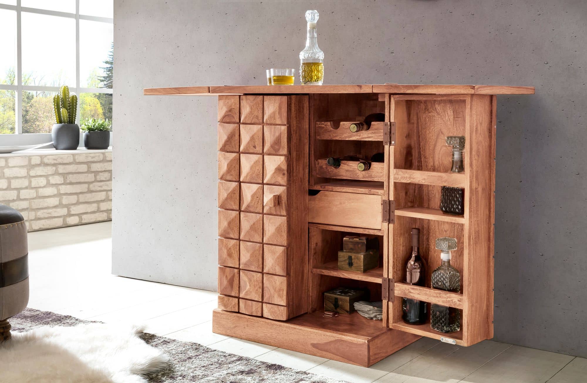 40305-WOHNLING-Hausbar-SIRA-Massivholz-Akazie-Wei_2FNzia18bSeFgj Hausbar LUCCA Massivholz Akazie Weinbar ausklappbar Vitrine Landhausstil Barschrank Aufbewahrung Flaschen Gläser
