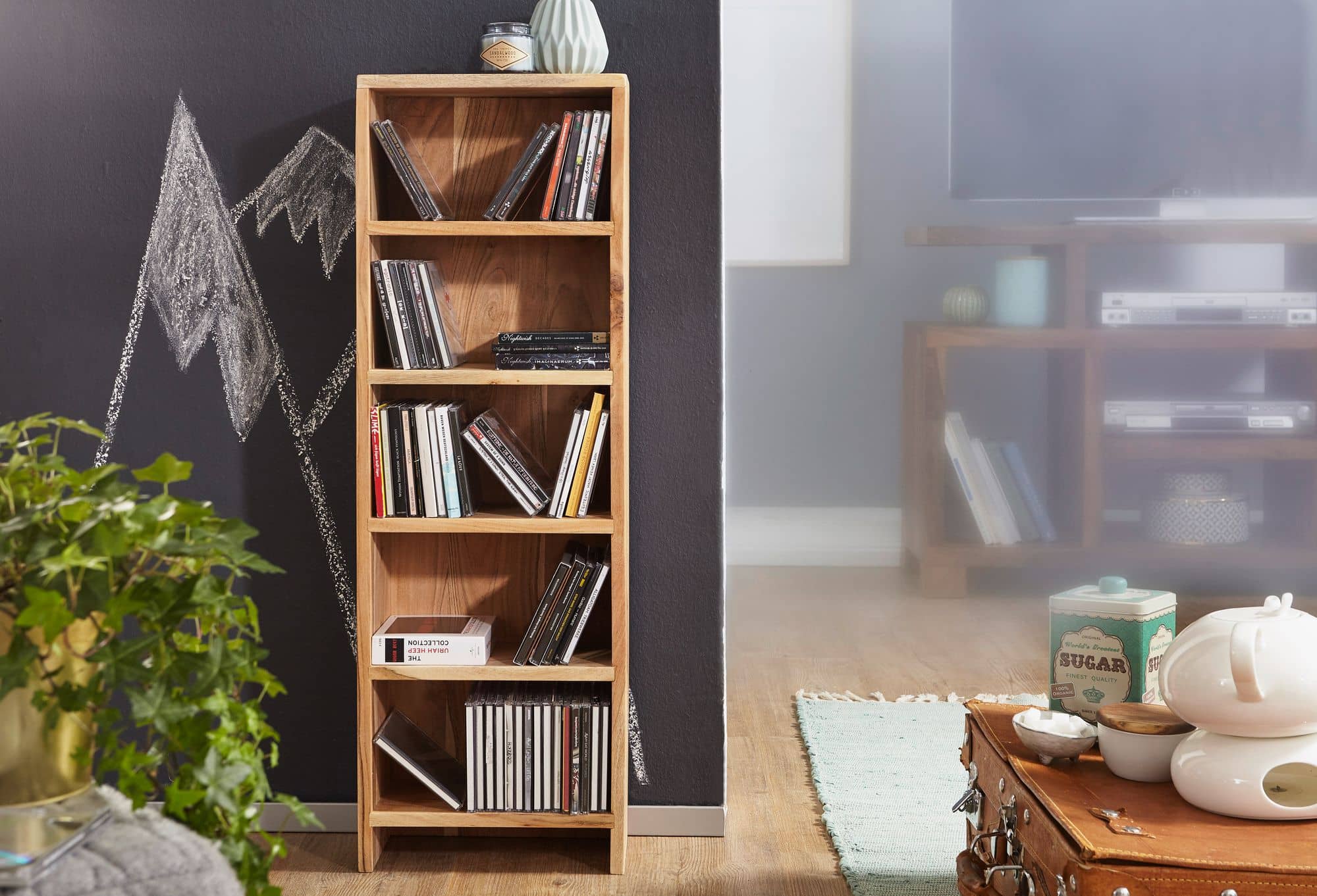 CD Regal MUMBAI Massivholz Akazie Standregal 90 cm hoch CD-Aufbewahrung 5 Fächer Bücherregal natur Landhaus-Stil CD Regal MUMBAI Massivholz Akazie Standregal 90 cm hoch CD-Aufbewahrung 5 Fächer Bücherregal natur Landhaus-Stil