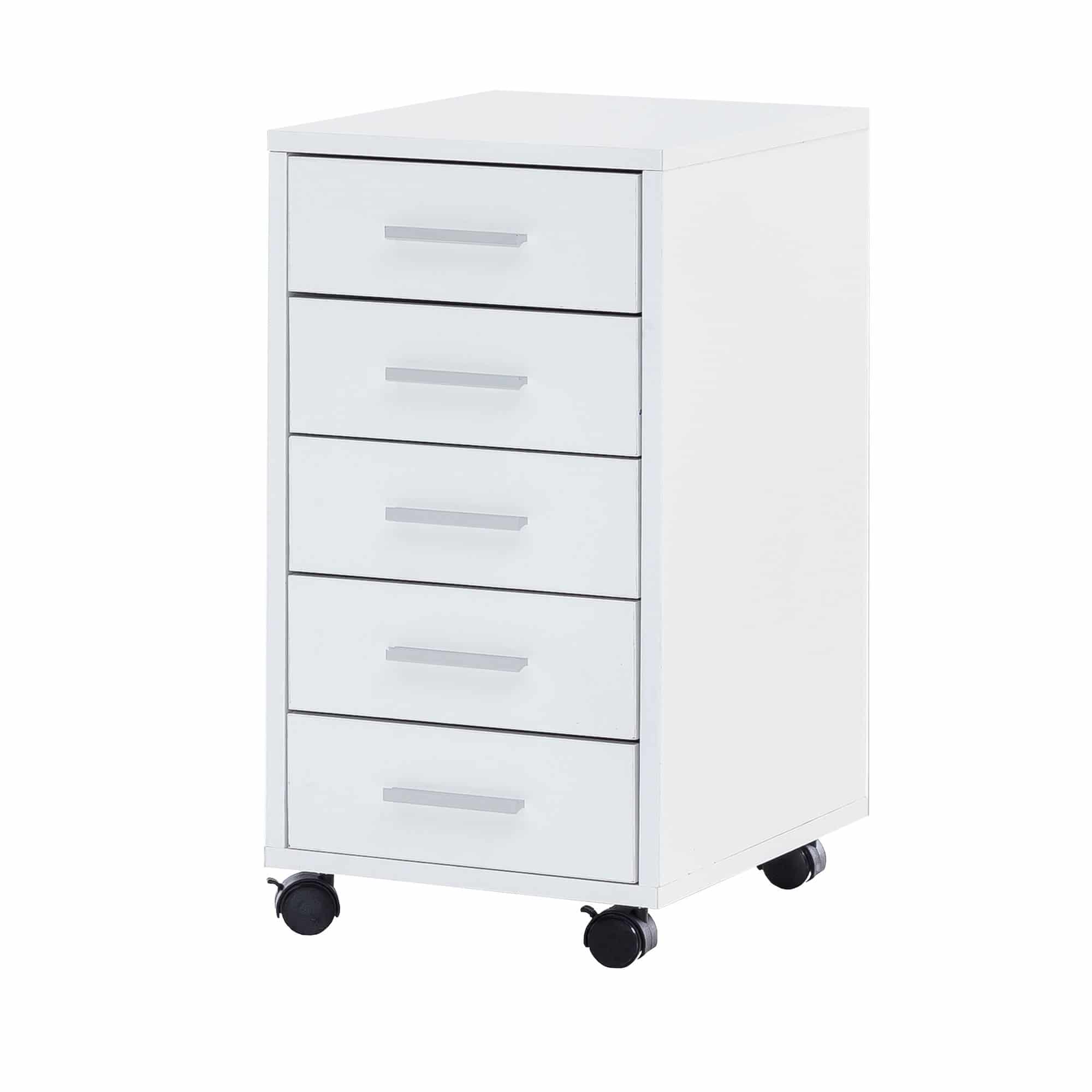 45767-WOHNLING-Rollcontainer-LISA-Weiss-33-x-63-x-38-cm-Holz-Schubladenschrank-Schreibtisch-Buero-Schrank-mit-5-Schubladen-Container-Rollschrank-klein-Standcontainer-schmal-Schreib Rollcontainer Weiß 33 x 63 x 38 cm Holz Schubladenschrank Schreibtisch
