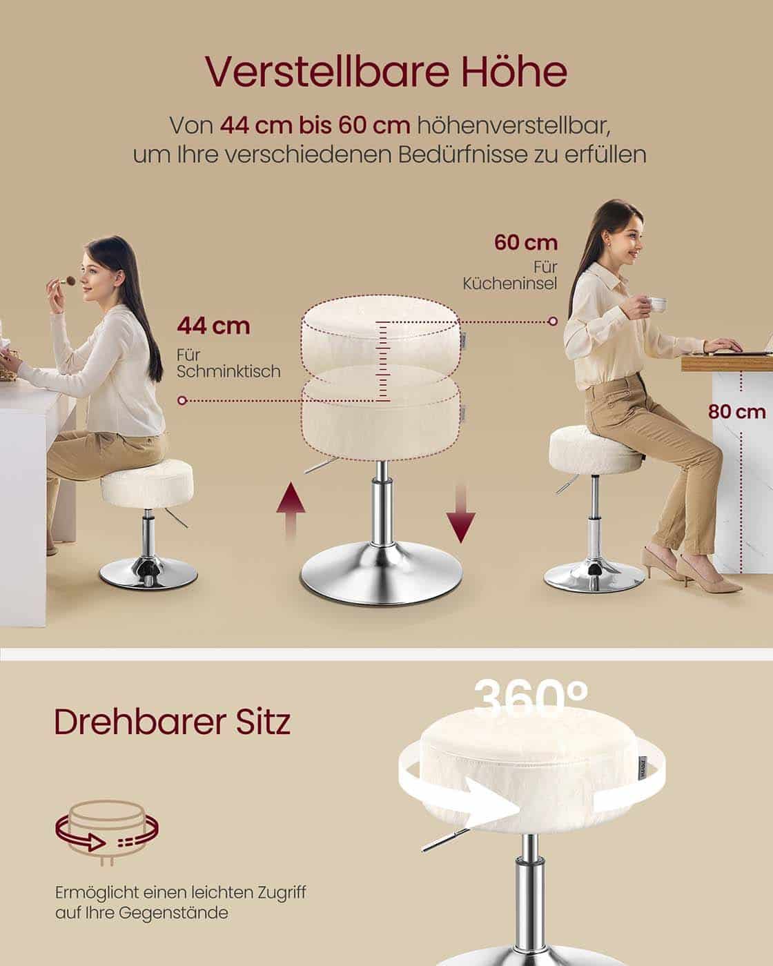 Höhenverstellbarer und 360° drehbarer Schminkhocker cremeweiß Höhenverstellbarer und 360° drehbarer Schminkhocker cremeweiß
