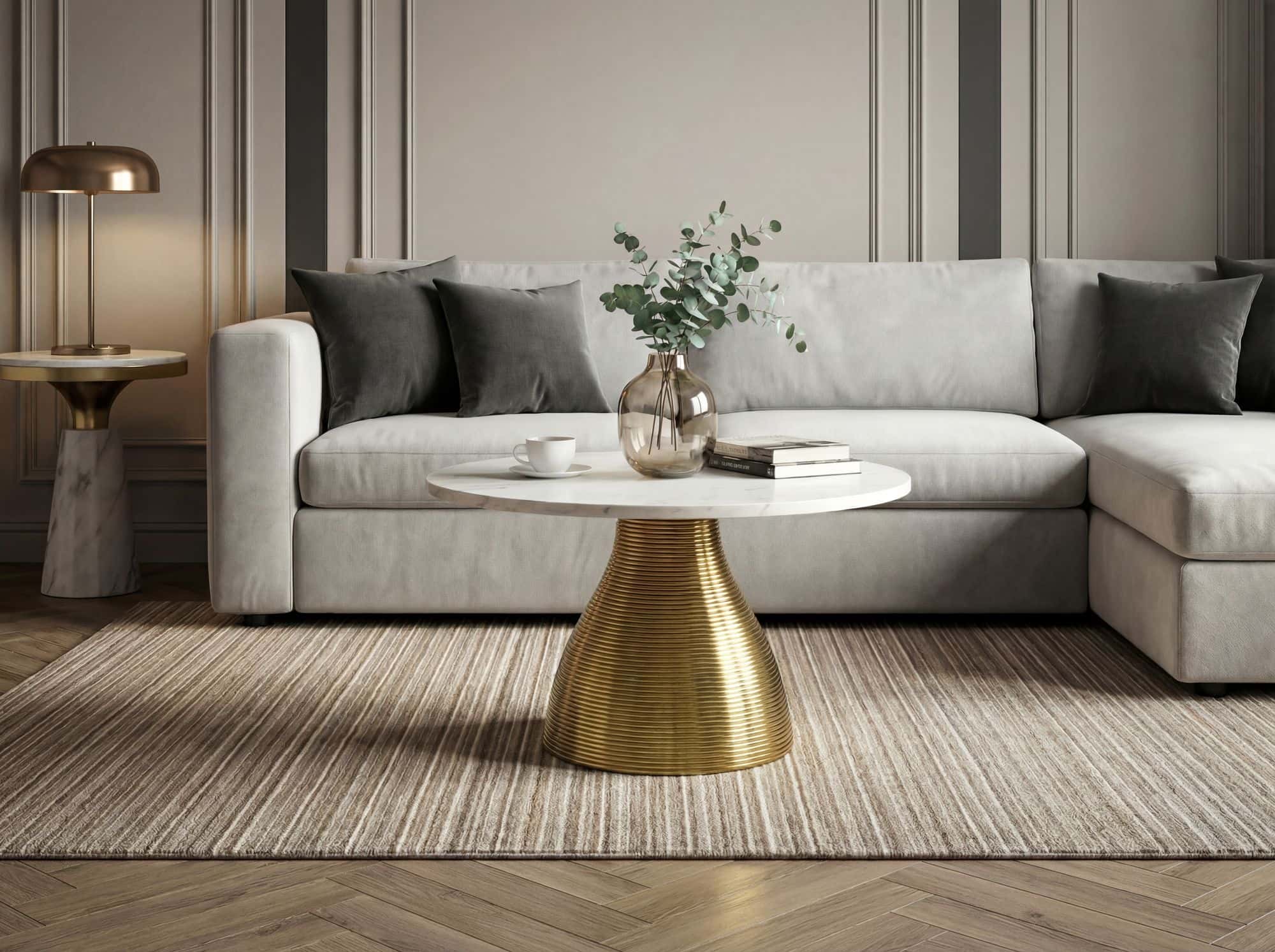 Couchtisch Metall mit weißer Marmor Tischplatte 60cm Rund - Moderner Wohnzimmertisch Aluminium Gold - Design Sofatisch Alu - Loungetisch Rillenoptik - Edler Beistelltisch Handmade
