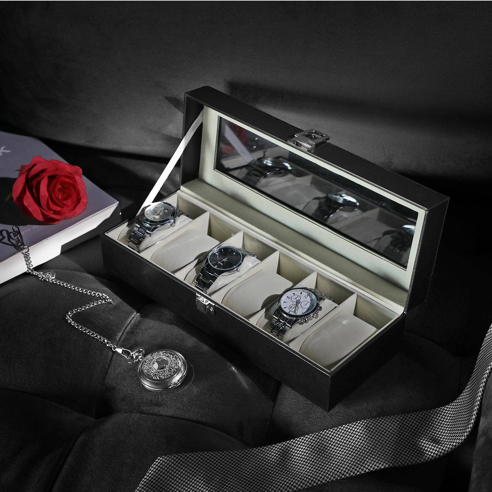 Uhrenkasten mit Glasdeckel Schwarz-JWB06BE Uhrenkasten mit Glasdeckel Schwarz-JWB06BE