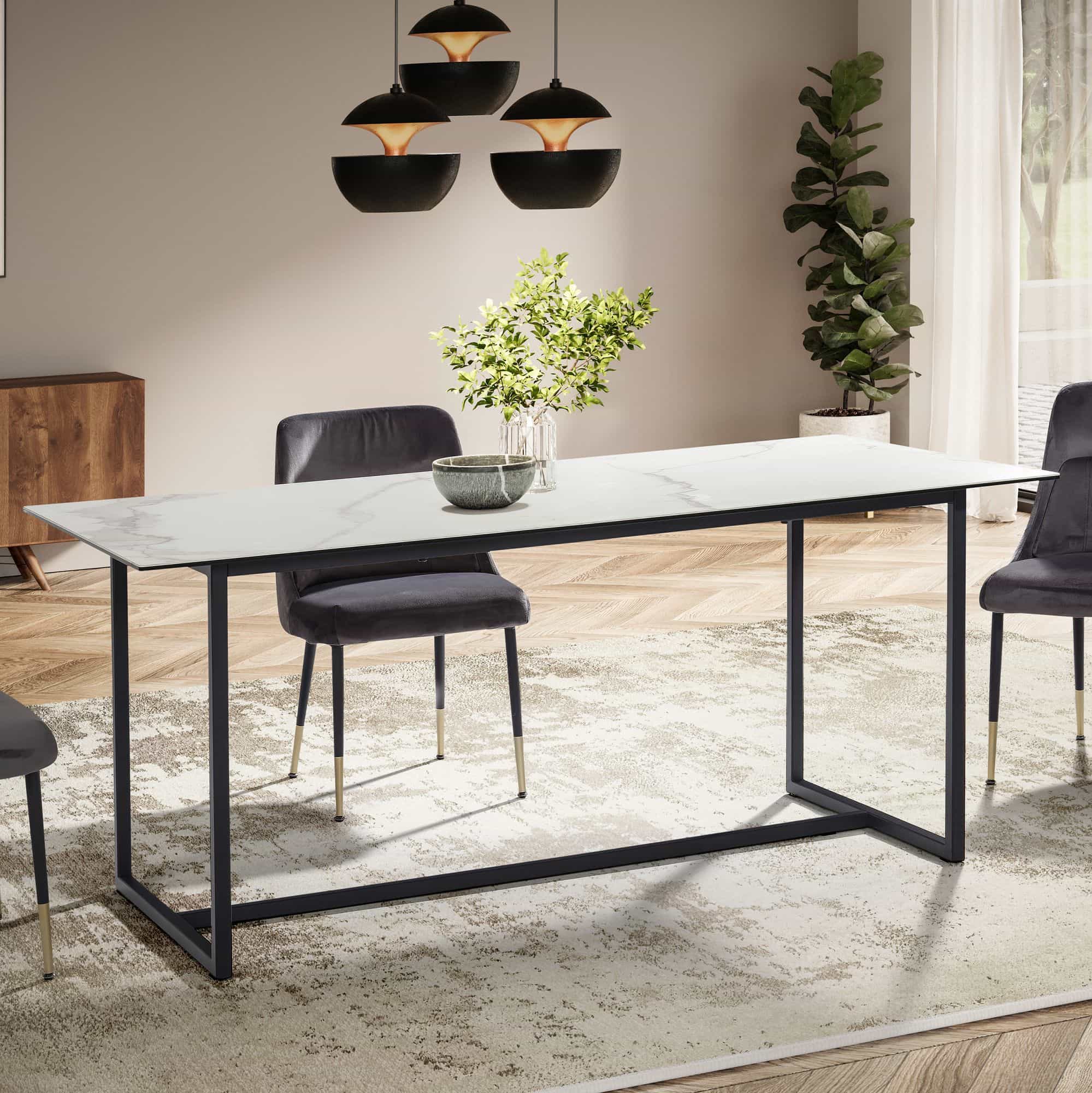 Esszimmertisch 180x90x76 cm Glas Keramik Esstisch Weiß Marmor-Optik Esszimmertisch 180x90x76 cm Glas Keramik Esstisch Weiß Marmor-Optik
