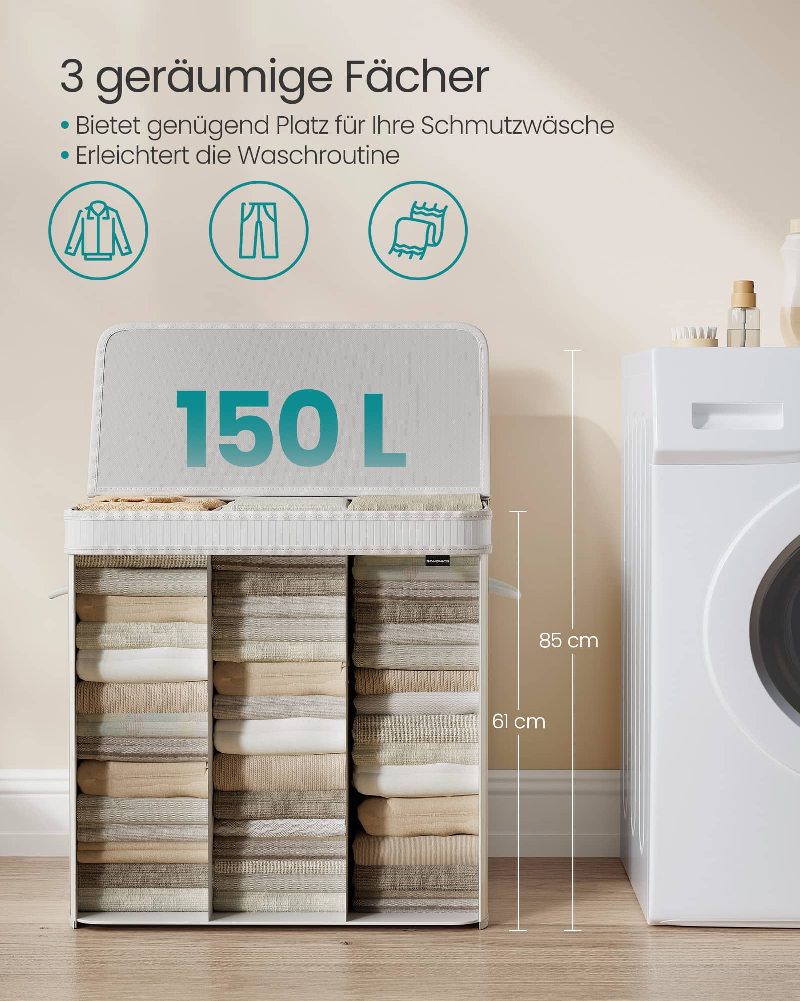 Wäschekorb mit Deckel aus Bambus 150 Liter wolkenweiß