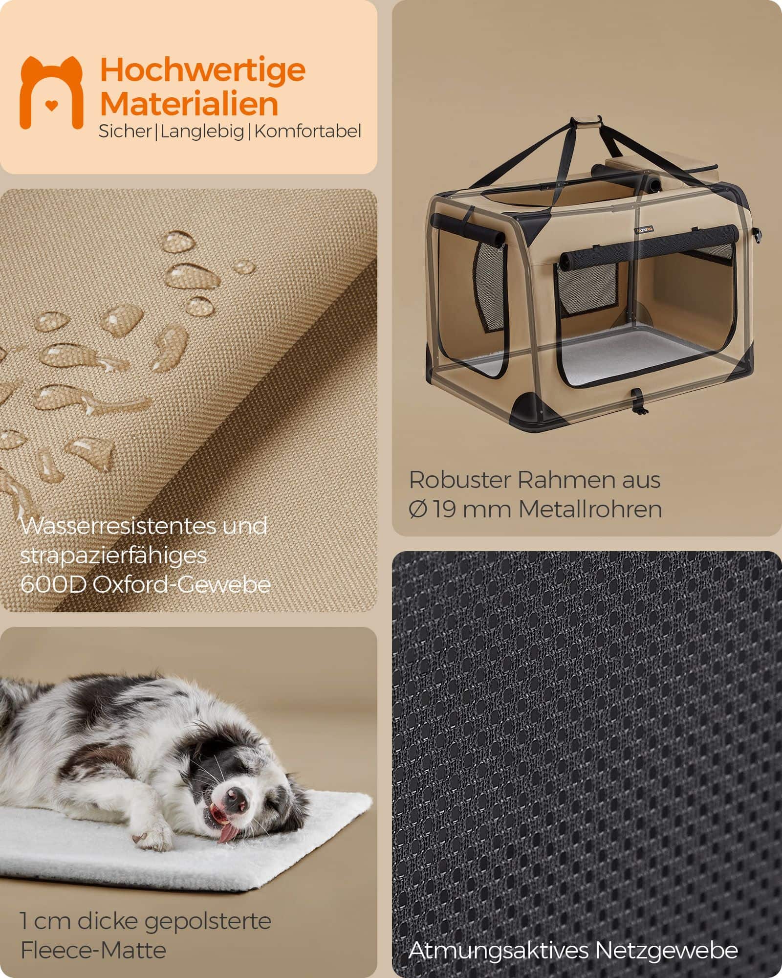 Hundebox XXL aus Oxford-Gewebe mit Griffen kamelbraun Hundebox XXL aus Oxford-Gewebe mit Griffen kamelbraun