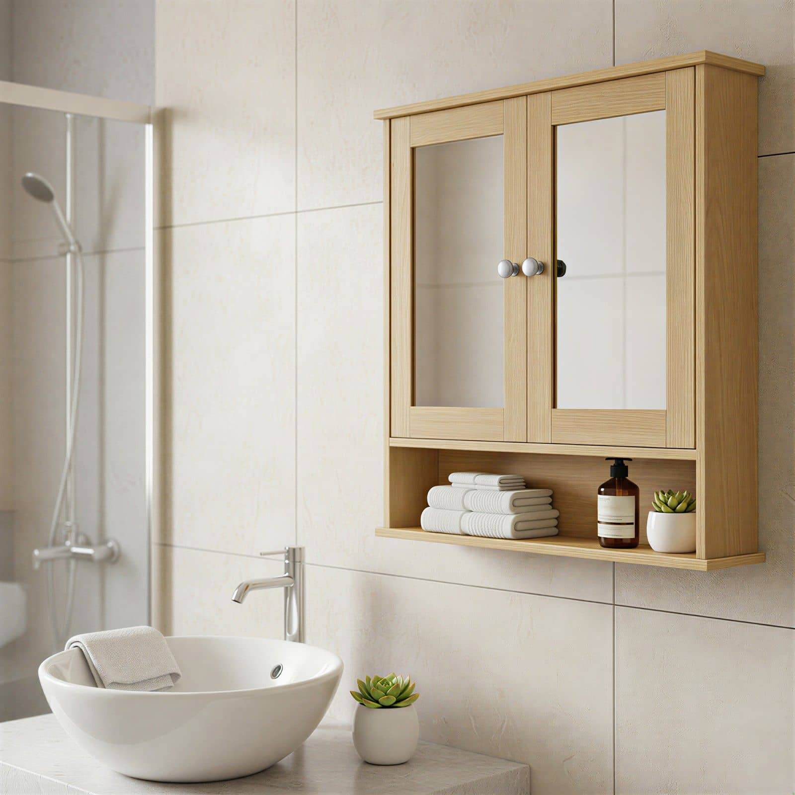 Wandschrank mit Spiegel, Badschrank mit 2 Spiegeltüren und offenem Fach, verstellbare Ablage Wandschrank mit Spiegel, Badschrank mit 2 Spiegeltüren und offenem Fach, verstellbare Ablage