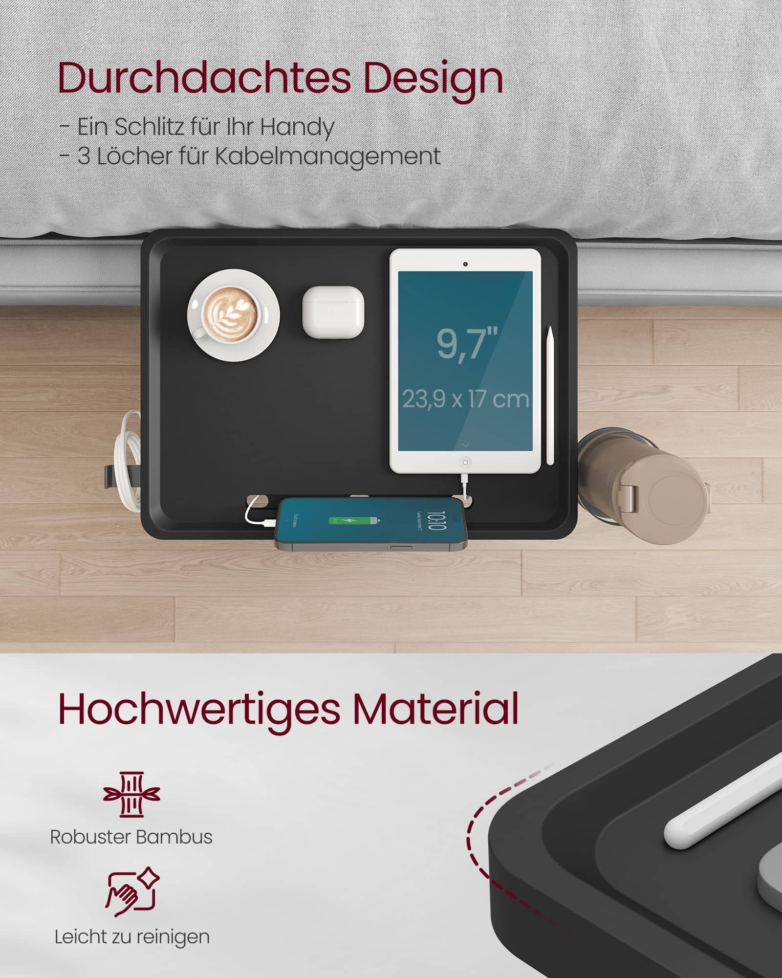 Nachttisch zum Einhängen mit Getränkehalter tintenschwarz Nachttisch zum Einhängen mit Getränkehalter tintenschwarz