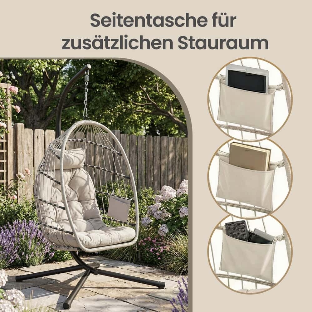 Schaukelstuhl mit Gestell, klappbarer Korbsessel höhenverstellbar, Hängeschaukel für Garten Balkon Schaukelstuhl mit Gestell, klappbarer Korbsessel höhenverstellbar, Hängeschaukel für Garten Balkon