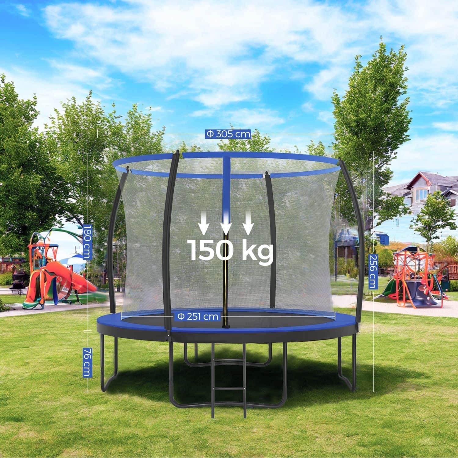 Trampolin 305 cm d, Gartentrampolin mit Sicherheitsnetz, 180 cm hohe gebogene Stangen Trampolin 305 cm d, Gartentrampolin mit Sicherheitsnetz, 180 cm hohe gebogene Stangen
