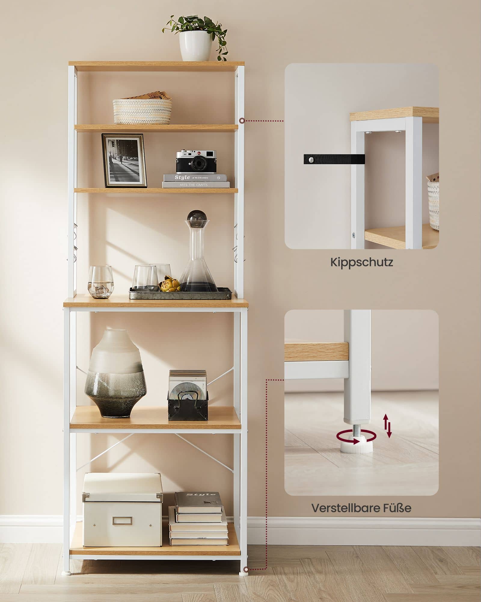 VASAGLE Küchenregal mit 6 Ablagen und Haken, eichenfarben-weiß VASAGLE Küchenregal mit 6 Ablagen und Haken, eichenfarben-weiß