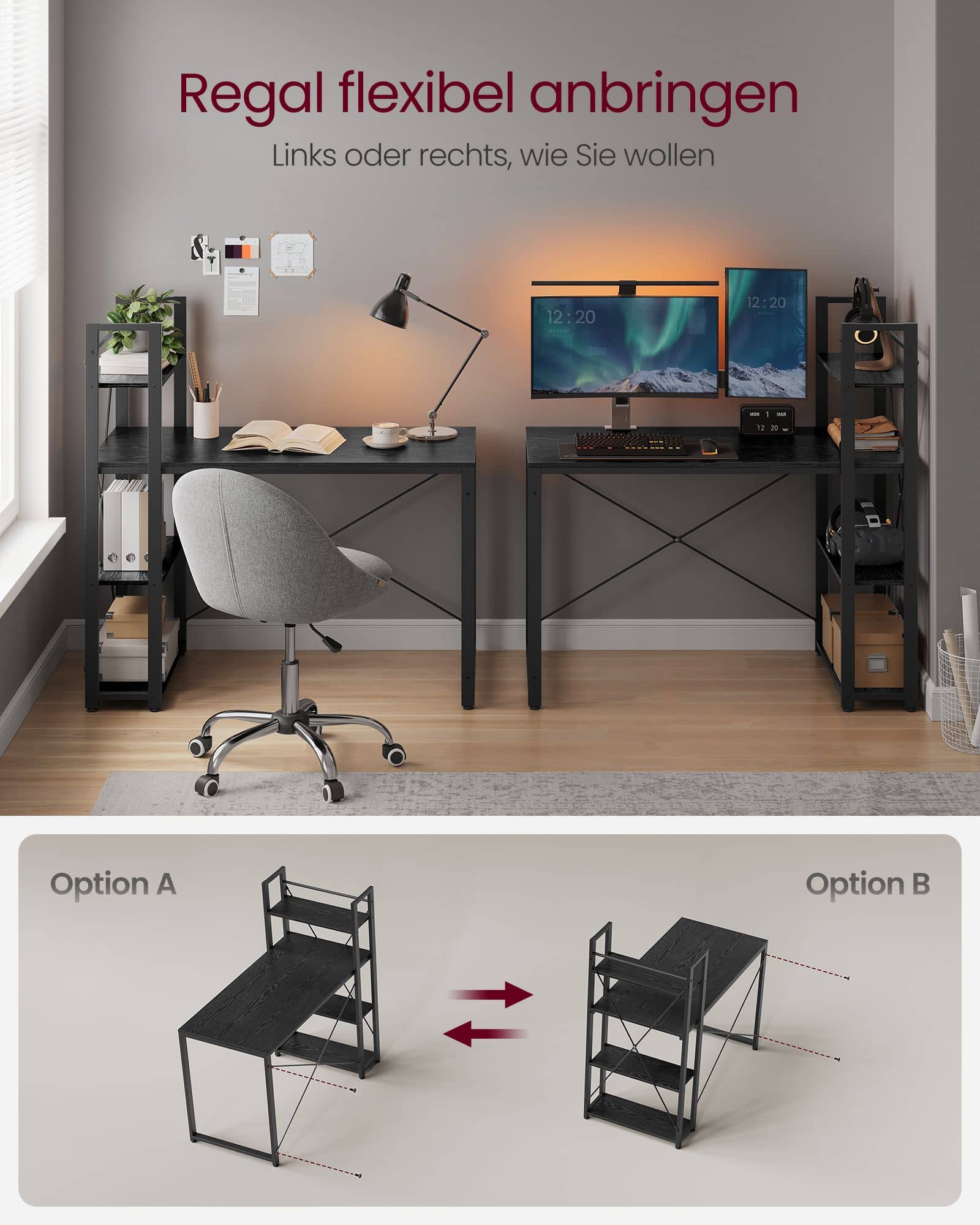 Computertisch mit Regalböden einfacher Aufbau ebenholzschwarz Computertisch mit Regalböden einfacher Aufbau ebenholzschwarz