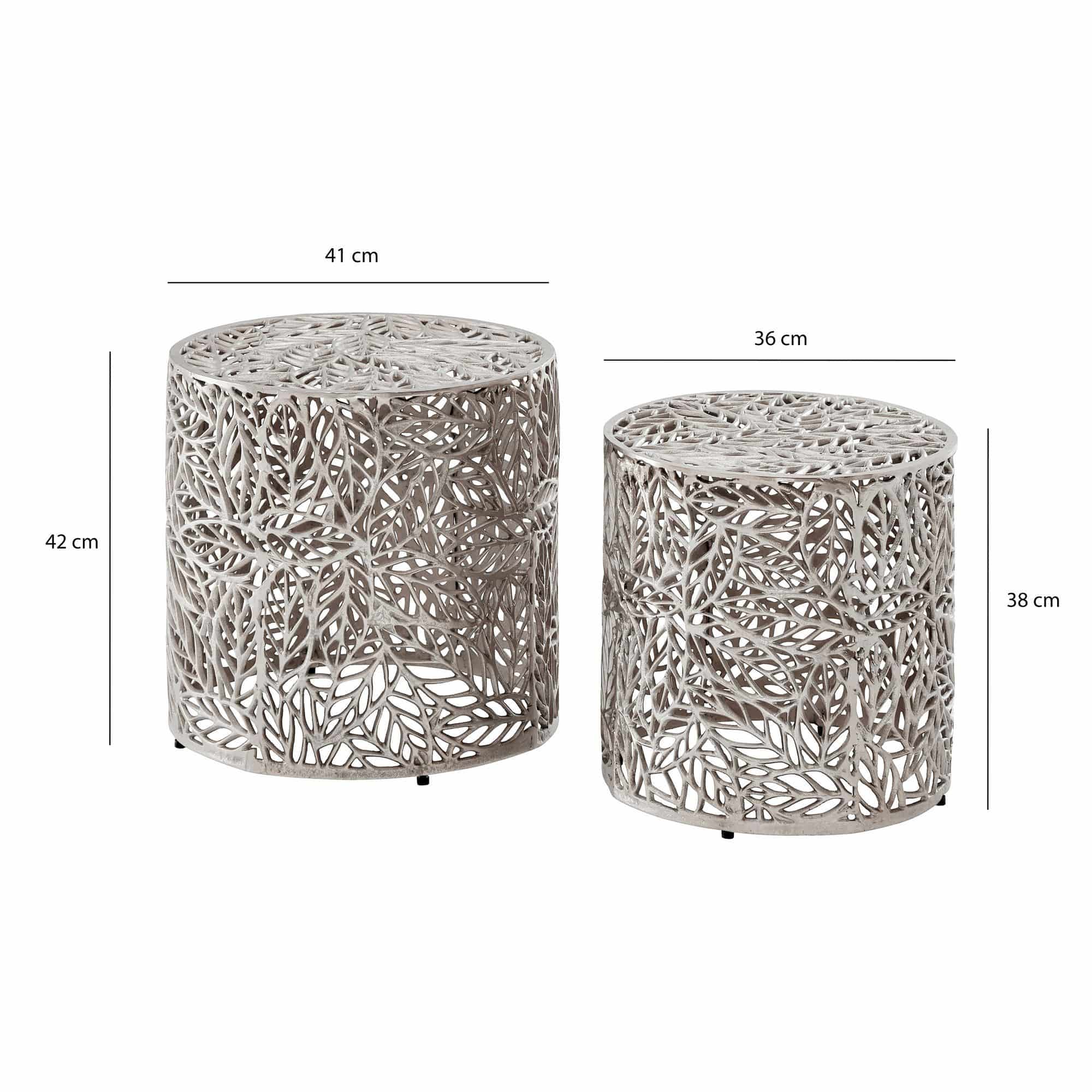 Satztisch Aluminium 2er Set rund silber - Beistelltisch mit Blattmuster - Dekotisch Couchtisch Alu Design - Metalltisch modern - Wohnzimmertisch Set Handmade Satztisch Aluminium 2er Set rund silber - Beistelltisch mit Blattmuster - Dekotisch Couchtisch Alu Design - Metalltisch modern - Wohnzimmertisch Set Handmade