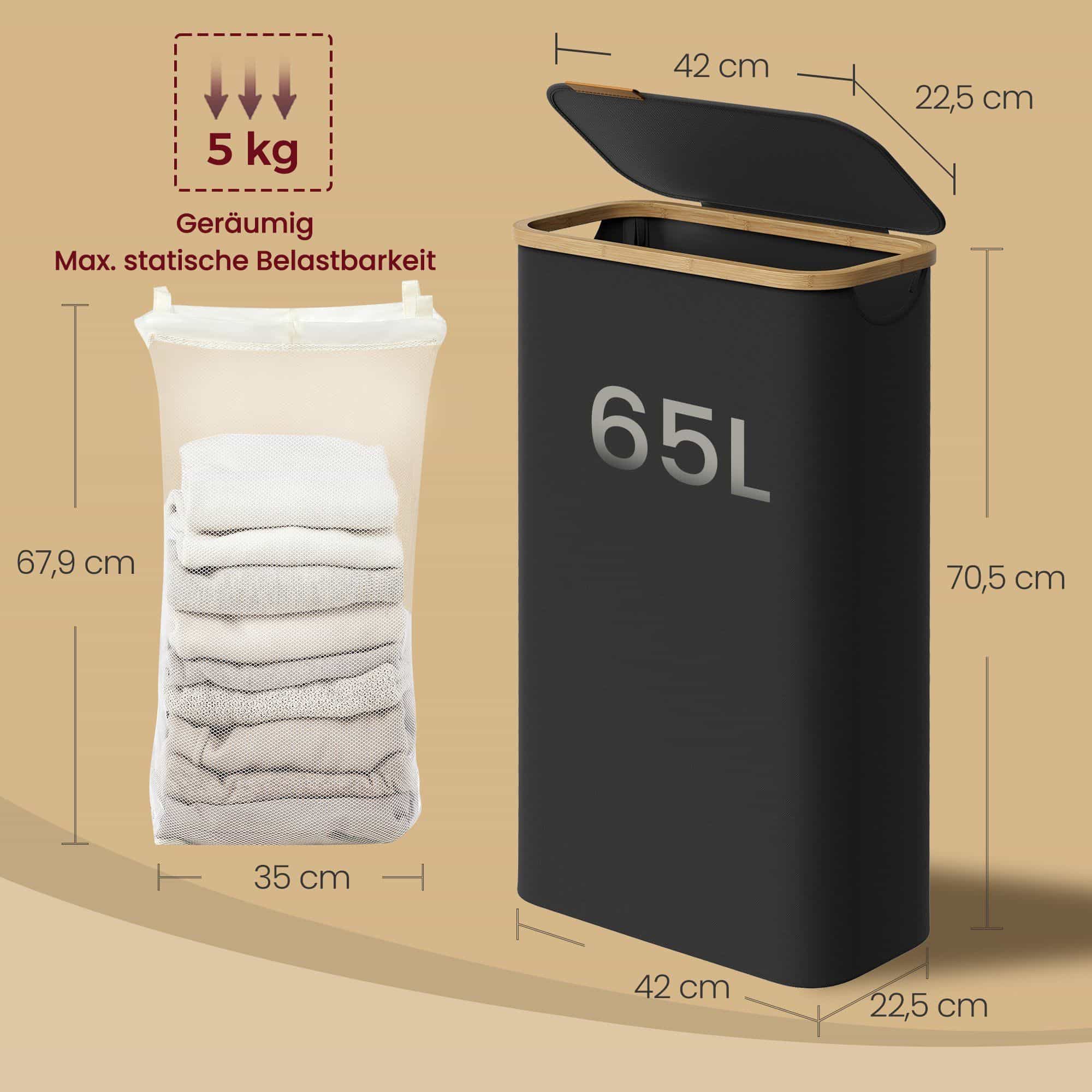 Wäschekorb, Wäschesammler mit Deckel, 65 L