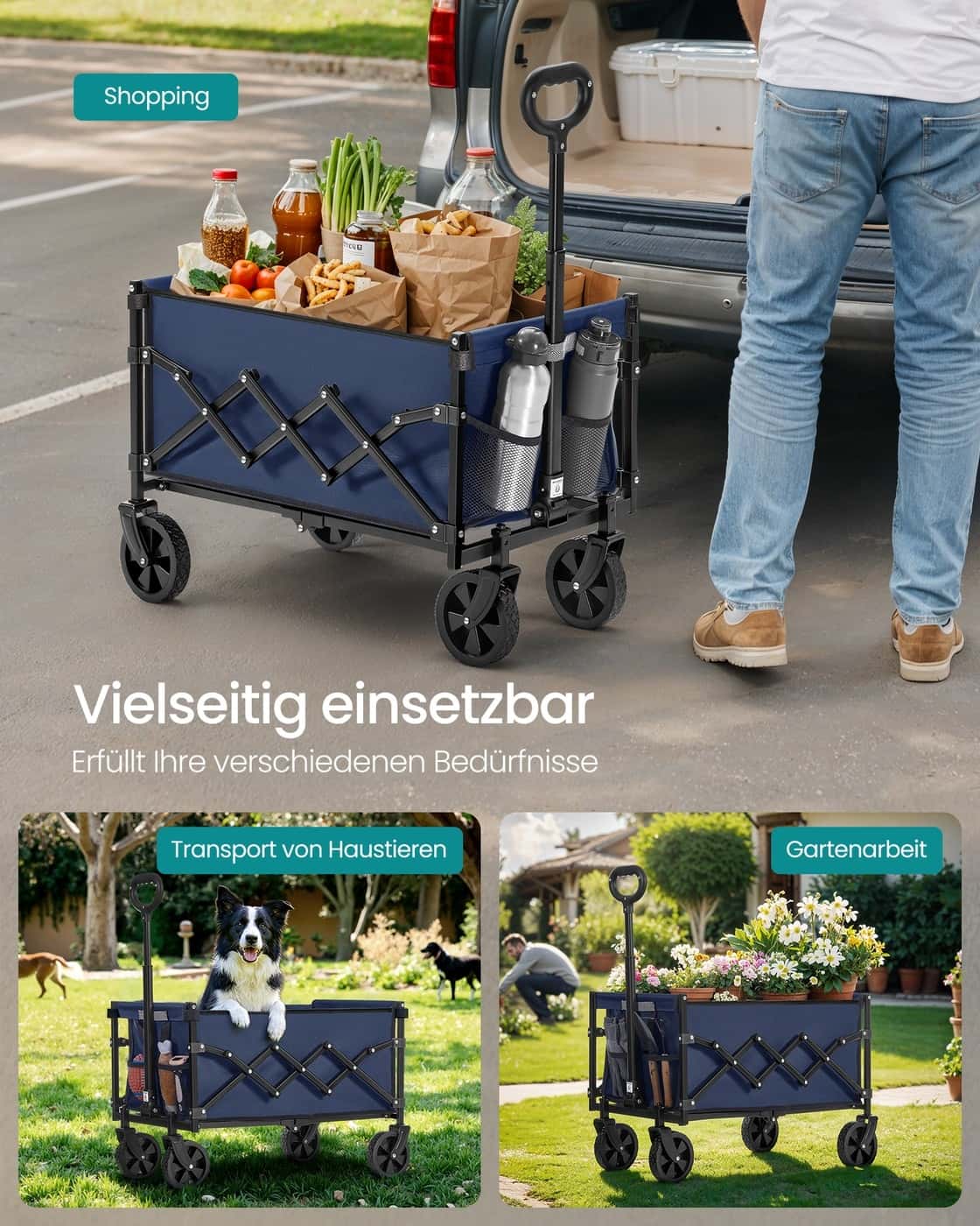Kleiner Handwagen faltbar mit 4 verstärkten Rollen und Griff Mitternachtsblau Kleiner Handwagen faltbar mit 4 verstärkten Rollen und Griff Mitternachtsblau