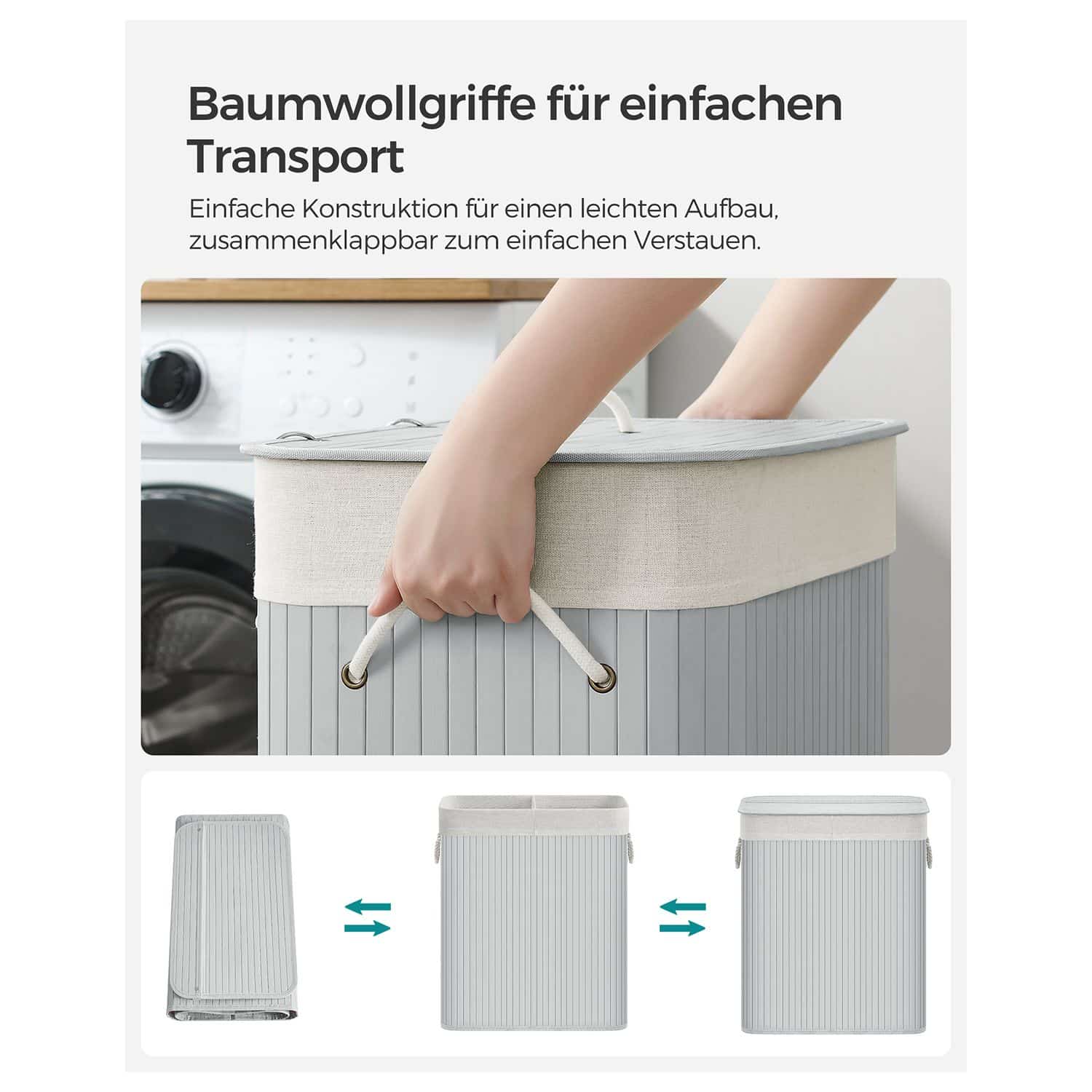 Wäschekorb mit Deckel, 72 L, Wäschesammler aus Bambus