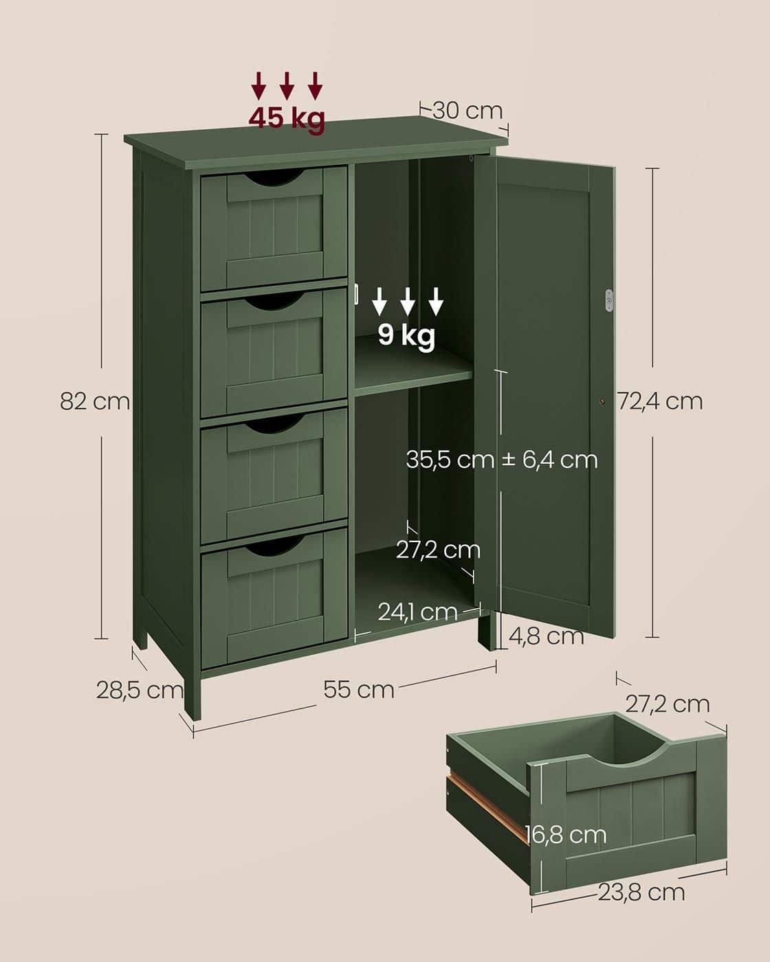 Badezimmerschrank 4 Schubladen 30 x 55 x 82 cm Waldgrün Badezimmerschrank 4 Schubladen 30 x 55 x 82 cm Waldgrün