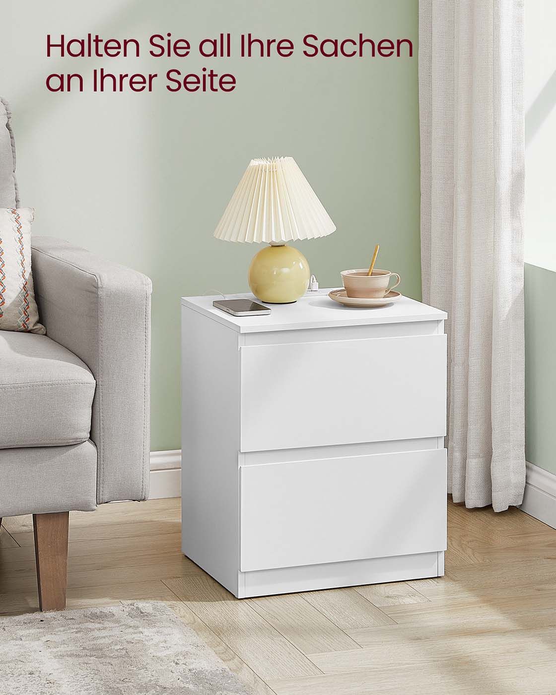 Nachttisch 2er Set mit Steckdosen und Schubladen wolkenweiß Nachttisch 2er Set mit Steckdosen und Schubladen wolkenweiß