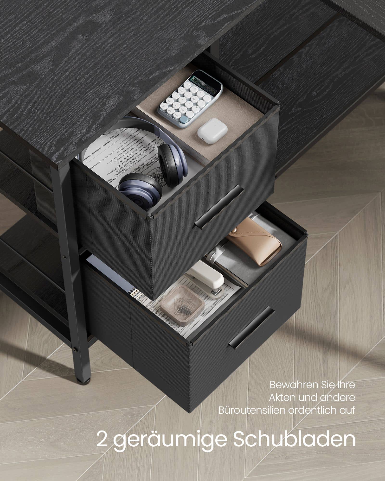 L-förmiger Schreibtisch mit 2 Schubladen 135 x 105 cm schwarz L-förmiger Schreibtisch mit 2 Schubladen 135 x 105 cm schwarz