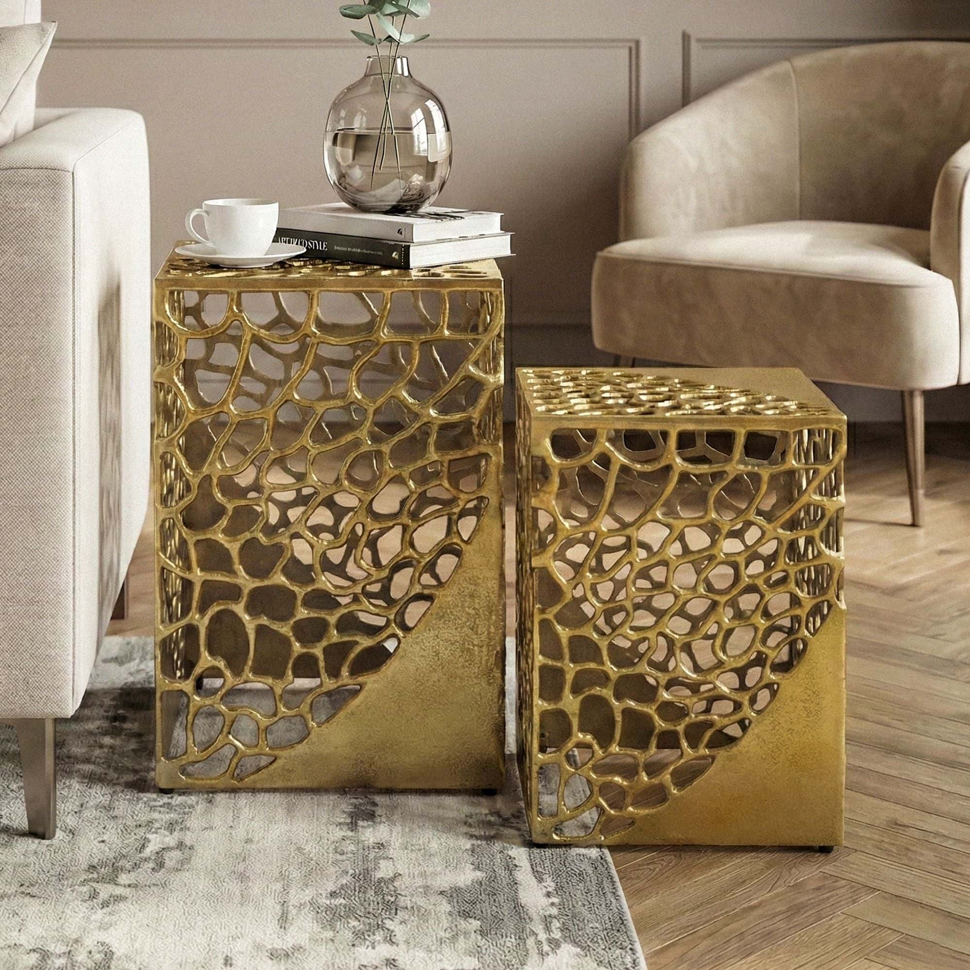 2er Set Beistelltisch Aluminium Gold - Design Couchtisch Set - Metalltisch Wohnzimmertisch modern Alu - Sofatisch quadratisch Metall - Loungetisch Set Satztisch Handmade