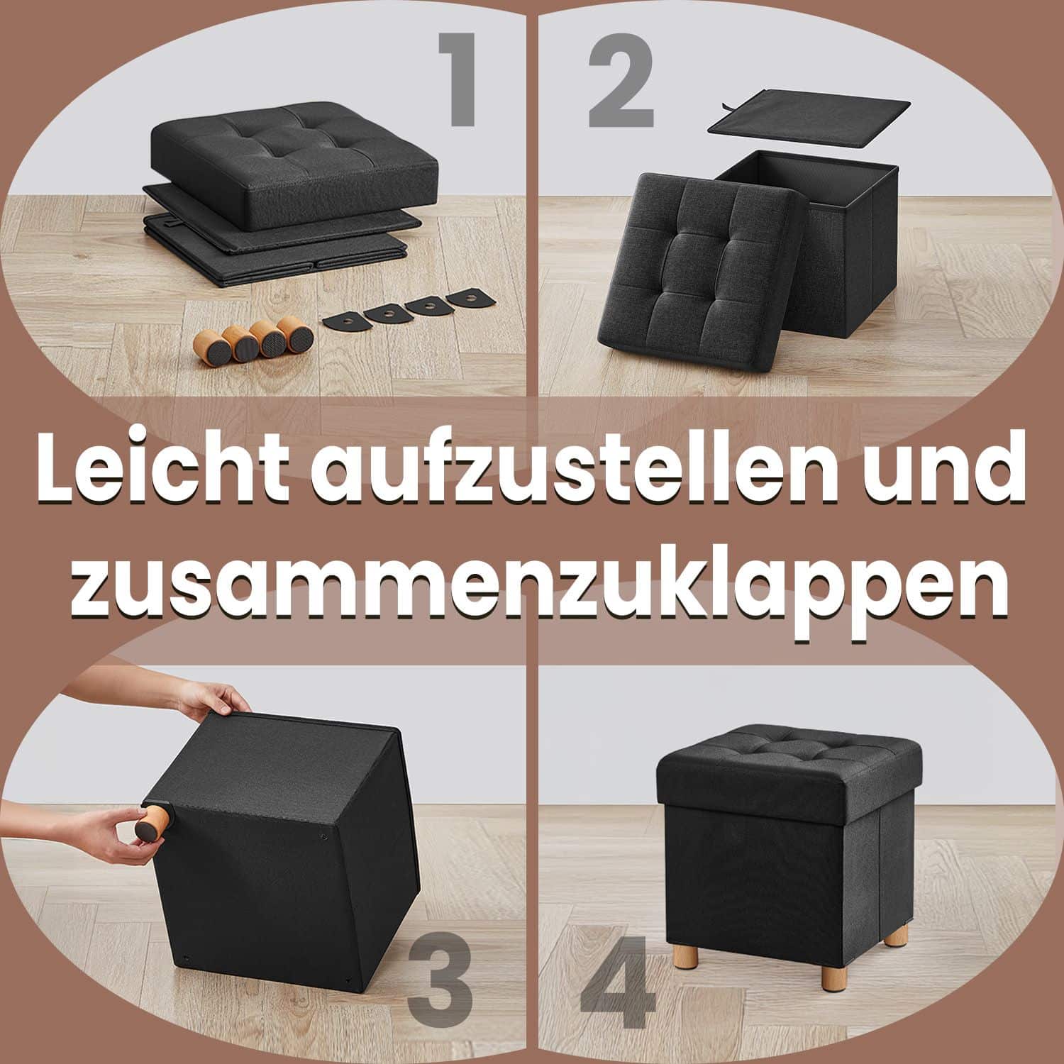 Sitzhocker mit Stauraum, kleine klappbare Sitzbank, 38 x 38 x 40 cm