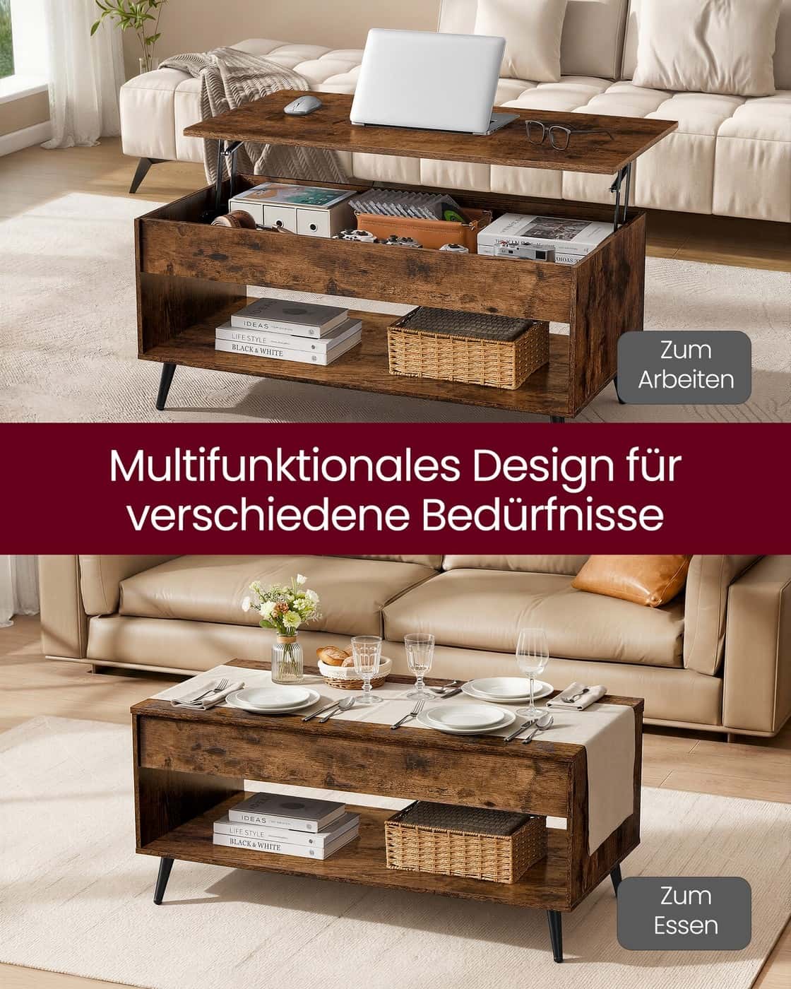 Couchtisch mit verstellbarer Platte und verstecktem Fach vintagebraun-Mattschwarz Couchtisch mit verstellbarer Platte und verstecktem Fach vintagebraun-Mattschwarz