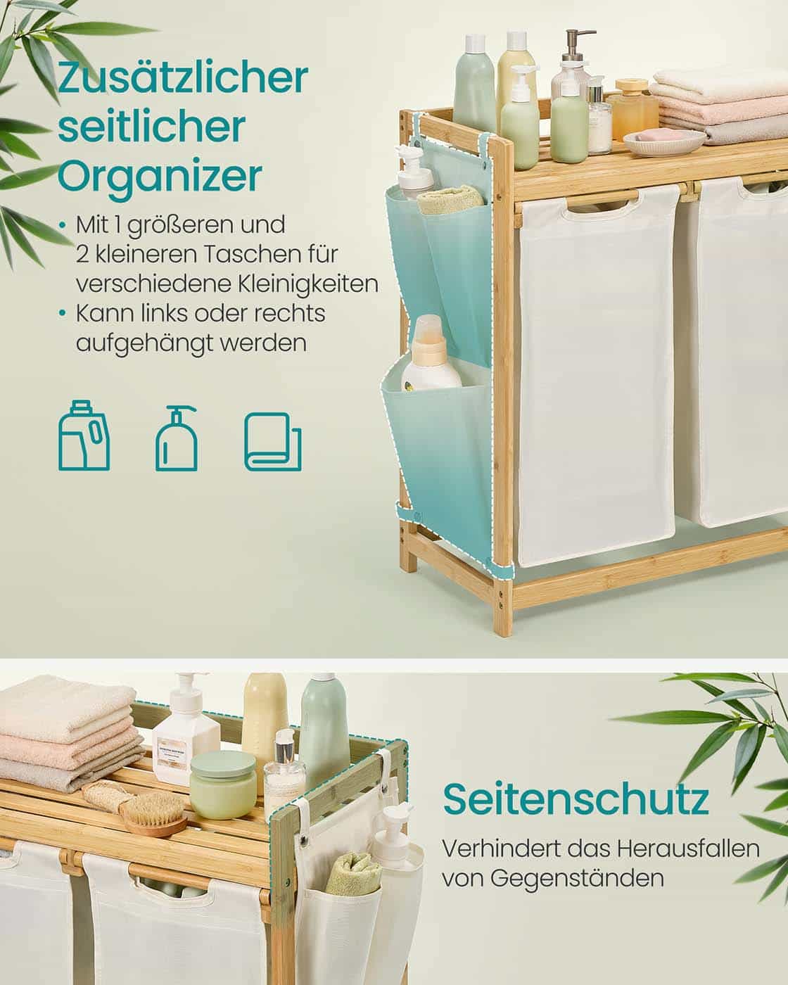 Wäschekorb 2 Fächer 2 x 50 L 63 x 33 x 78 cm cremeweiß Wäschekorb 2 Fächer 2 x 50 L 63 x 33 x 78 cm cremeweiß