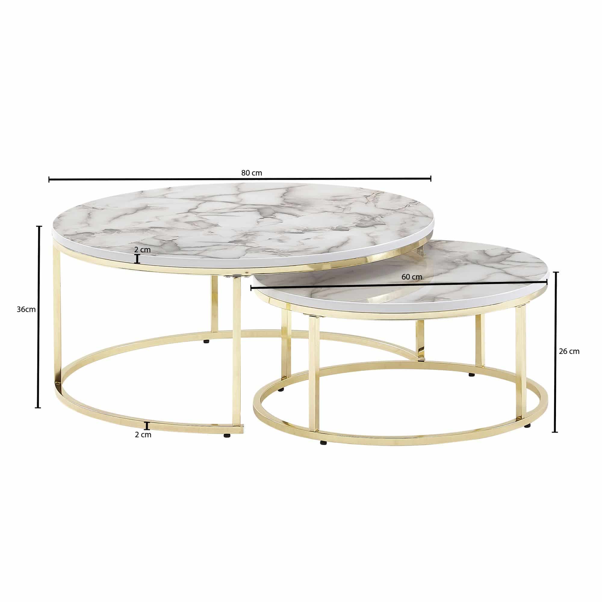 Couchtisch 2er Set Weiß Gold Marmor Optik Sofatisch Rund Modern
