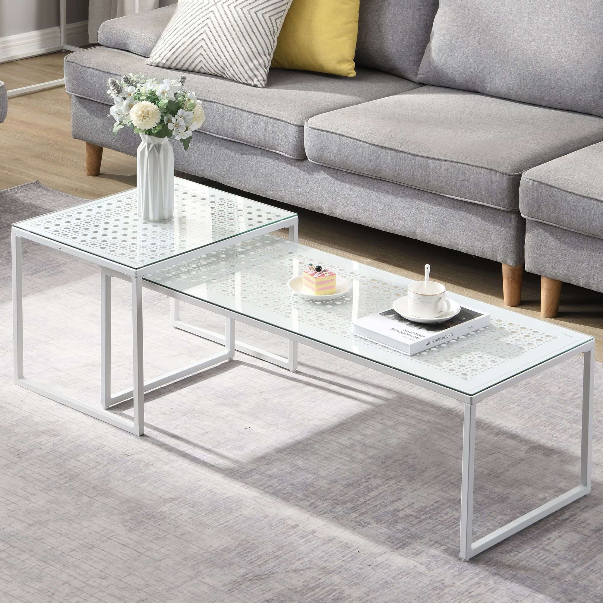 Satztisch Glas Metall 2er Set Modern Couchtisch Weiß