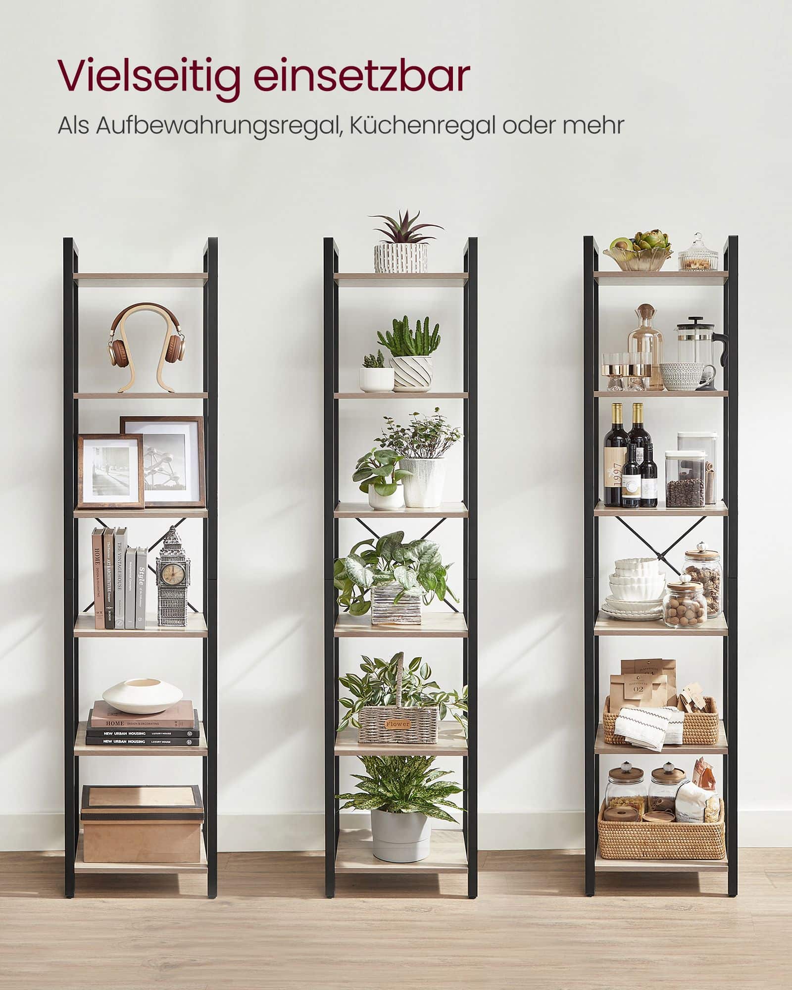 Bücherregal mit 6 Ebenen offene Ablagen greige-schwarz-B34LLS101B02 Bücherregal mit 6 Ebenen offene Ablagen greige-schwarz-B34LLS101B02