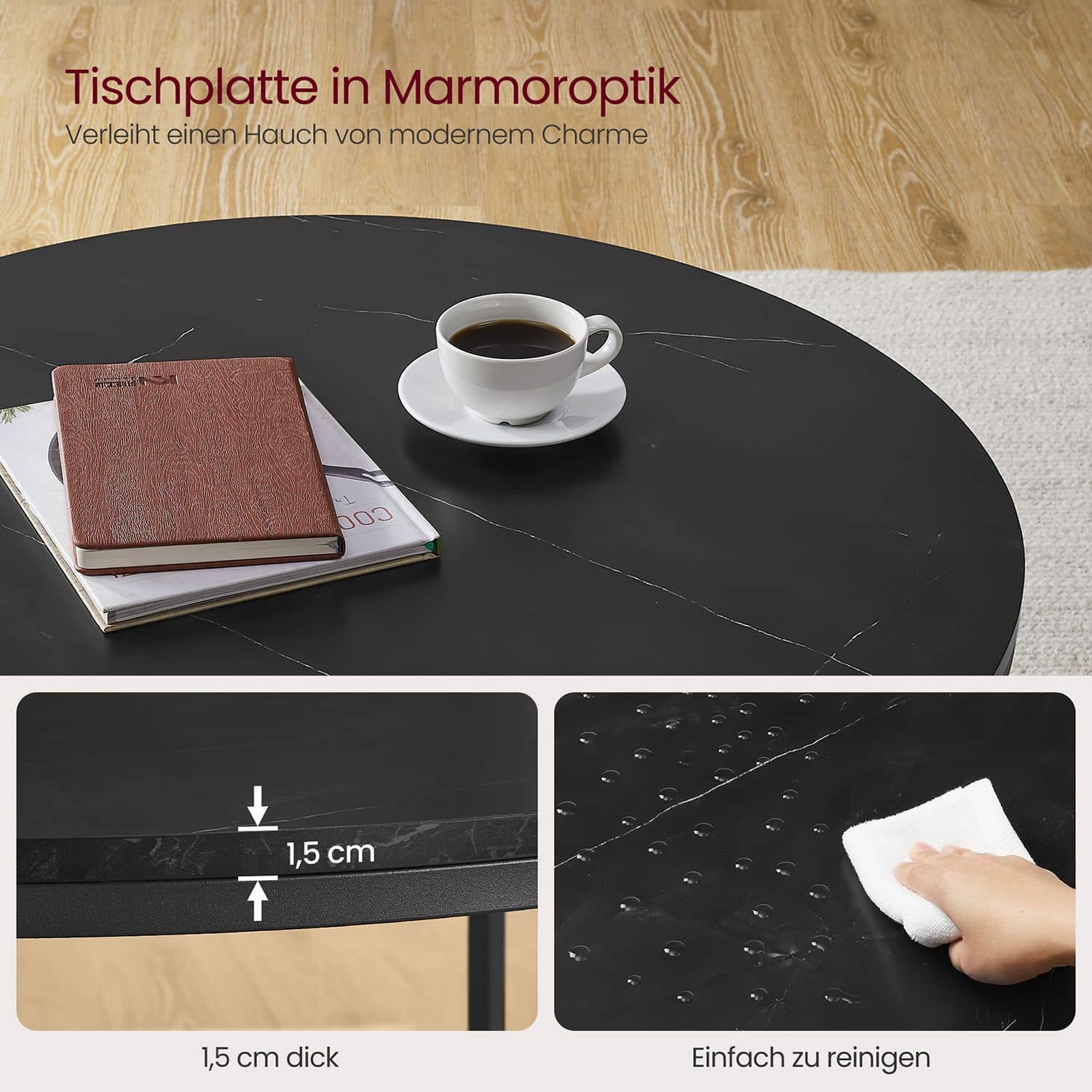 VASAGLE Couchtisch Ø 80 cm – 2 Ablagen & Marmoroptik VASAGLE Couchtisch Ø 80 cm – 2 Ablagen & Marmoroptik