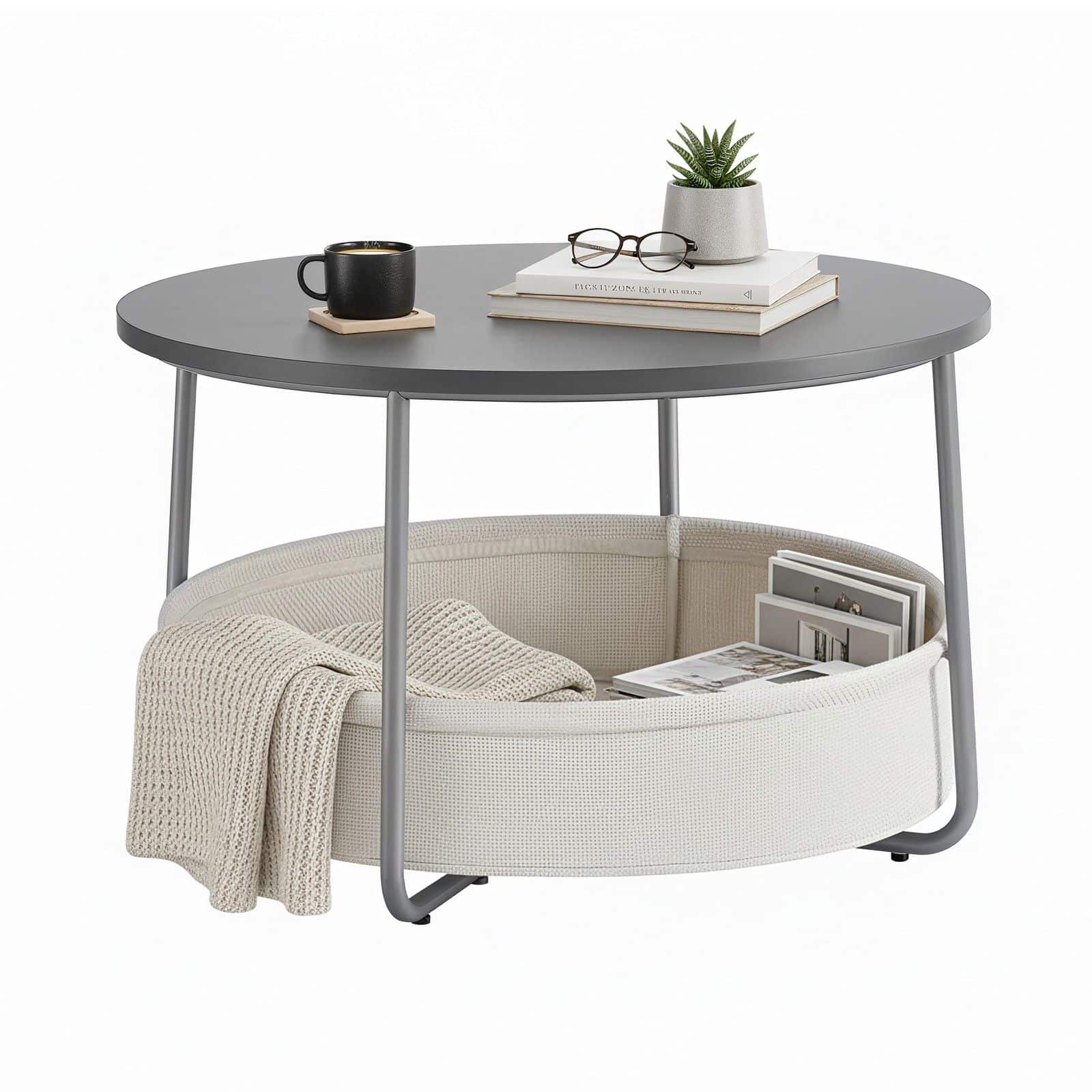 Wohnzimmertisch mit Stoffkorb, Beistelltisch mit Stauraum, Metallgestell Wohnzimmertisch mit Stoffkorb, Beistelltisch mit Stauraum, Metallgestell