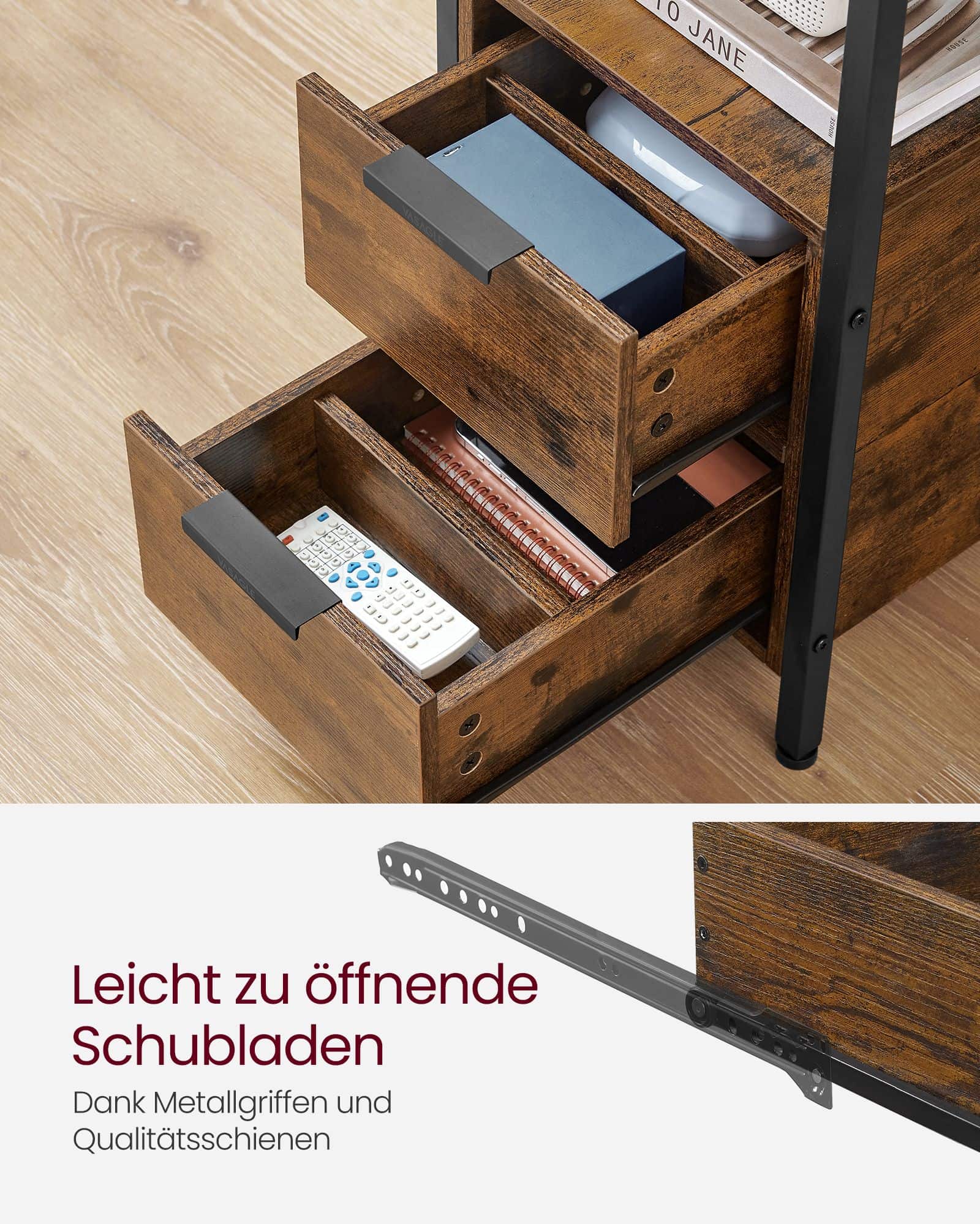 Beistelltisch mit Steckdosenleiste und 2 Schubladen