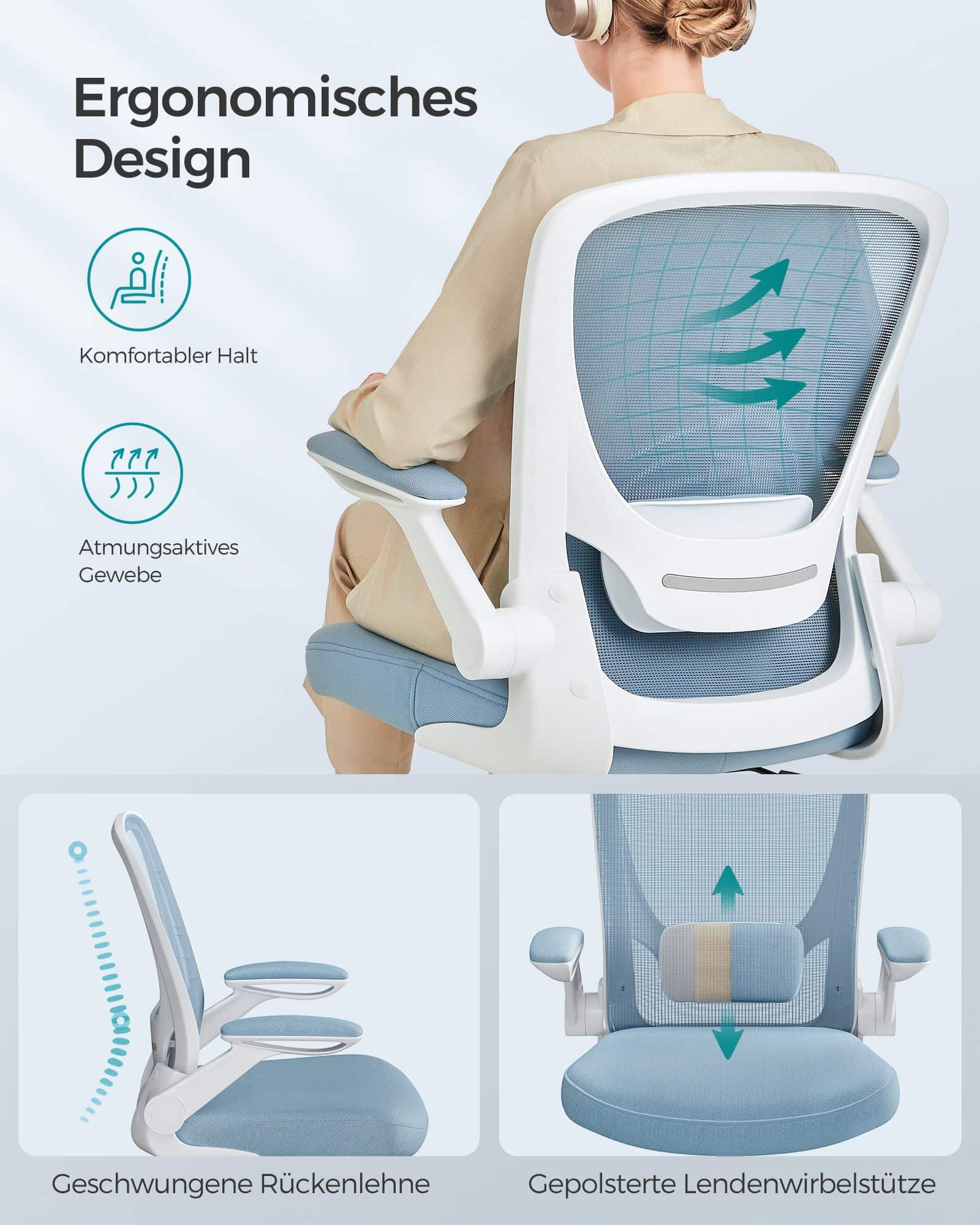 Bürostuhl ergonomisch klappbare Armlehnen nebelblau Bürostuhl ergonomisch klappbare Armlehnen nebelblau
