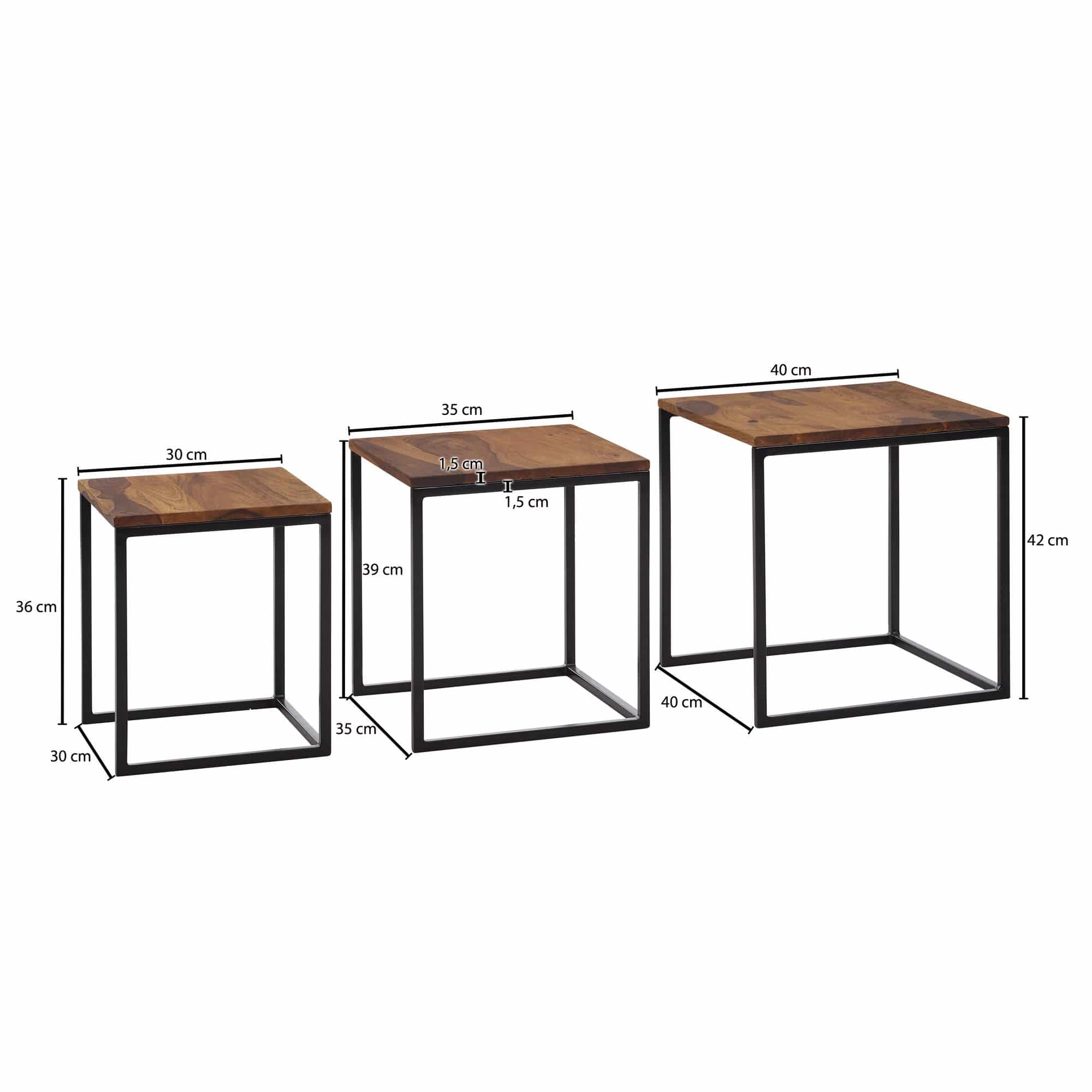 Satztisch 3er Set Sheesham Massivholz / Metall Beistelltisch Eckig Modern Satztisch 3er Set Sheesham Massivholz / Metall Beistelltisch Eckig Modern