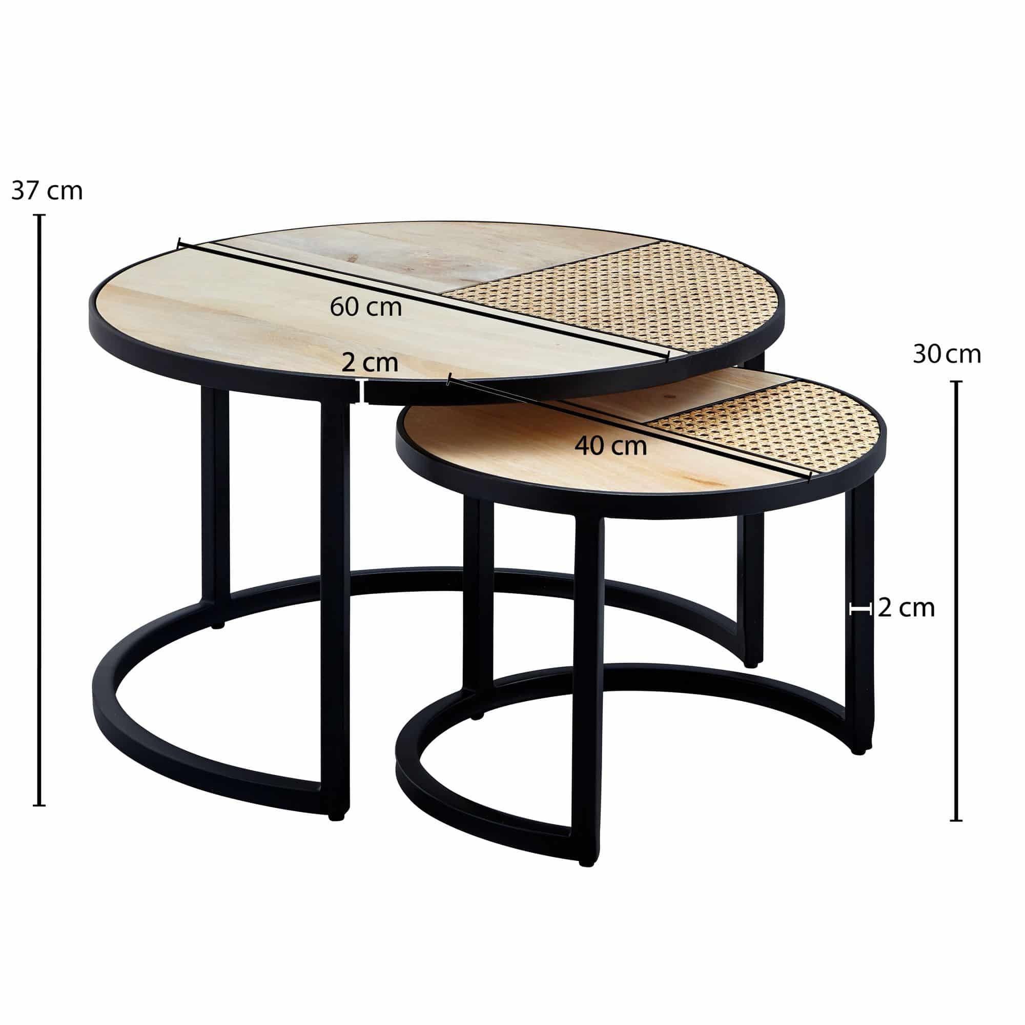 57562-WOHNLING-Couchtisch-2er-Set-Metall-WL6-312-WL6-312 Design Wohnzimmertisch 2er Set Mango / Rattan Beistelltisch Rund