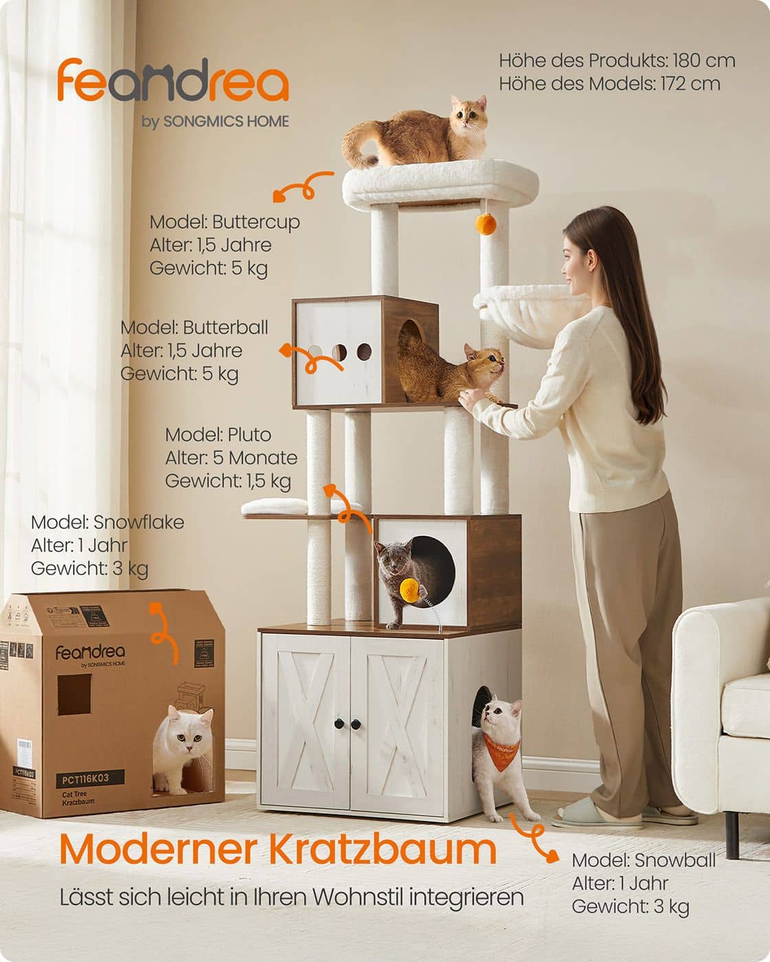 2-in-1-Kratzbaum mit Katzentoilette 180 cm hoch - honigbraun-vintageweiß 2-in-1-Kratzbaum mit Katzentoilette 180 cm hoch - honigbraun-vintageweiß