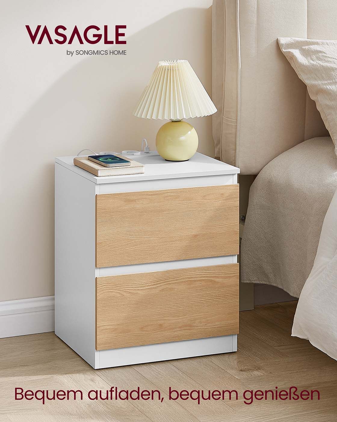 Nachttisch 2er Set mit Steckdosen und Schubladen mandelgelb Nachttisch 2er Set mit Steckdosen und Schubladen mandelgelb