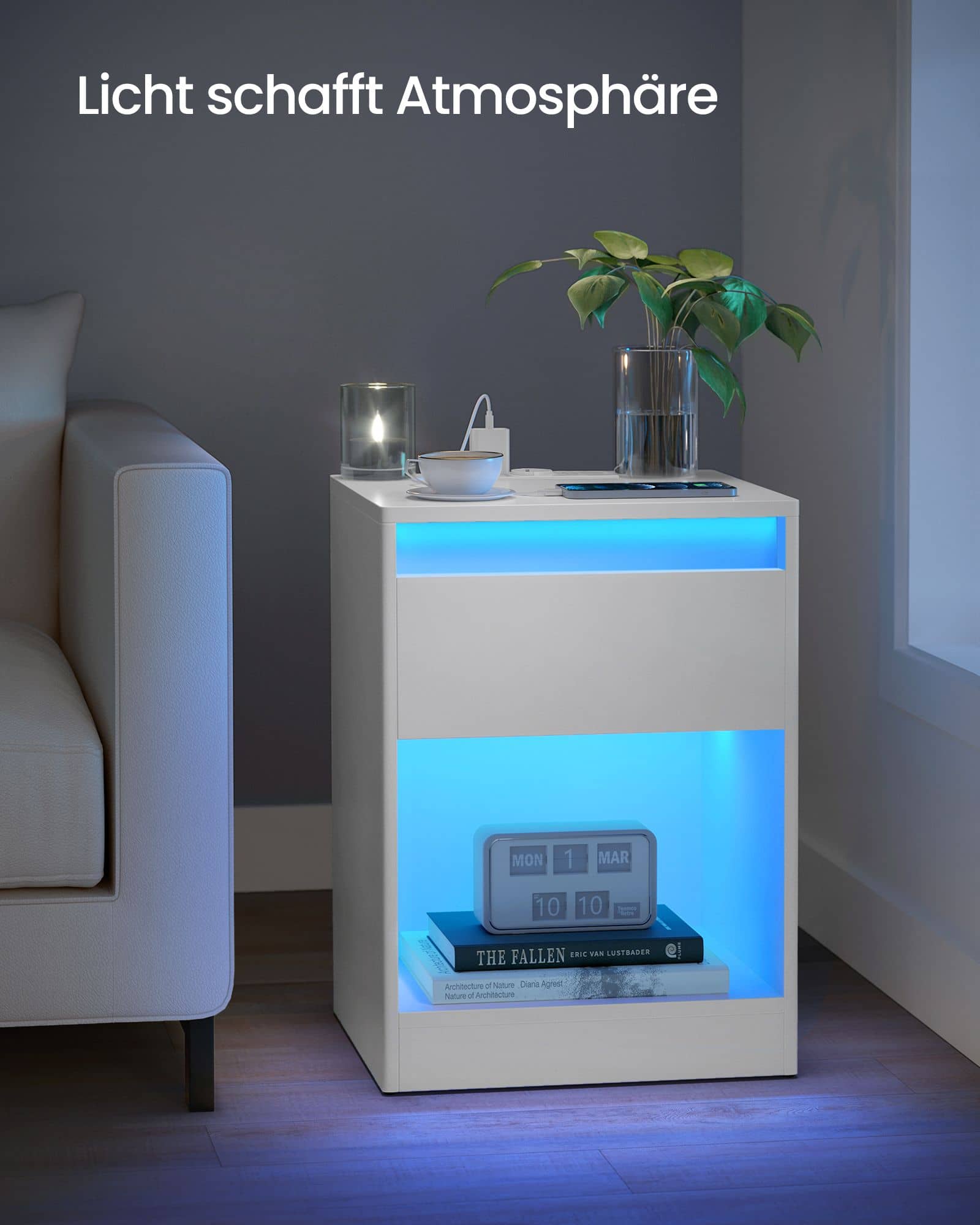 Nachttisch mit LED-Beleuchtung modern wolkenweiß Nachttisch mit LED-Beleuchtung modern wolkenweiß