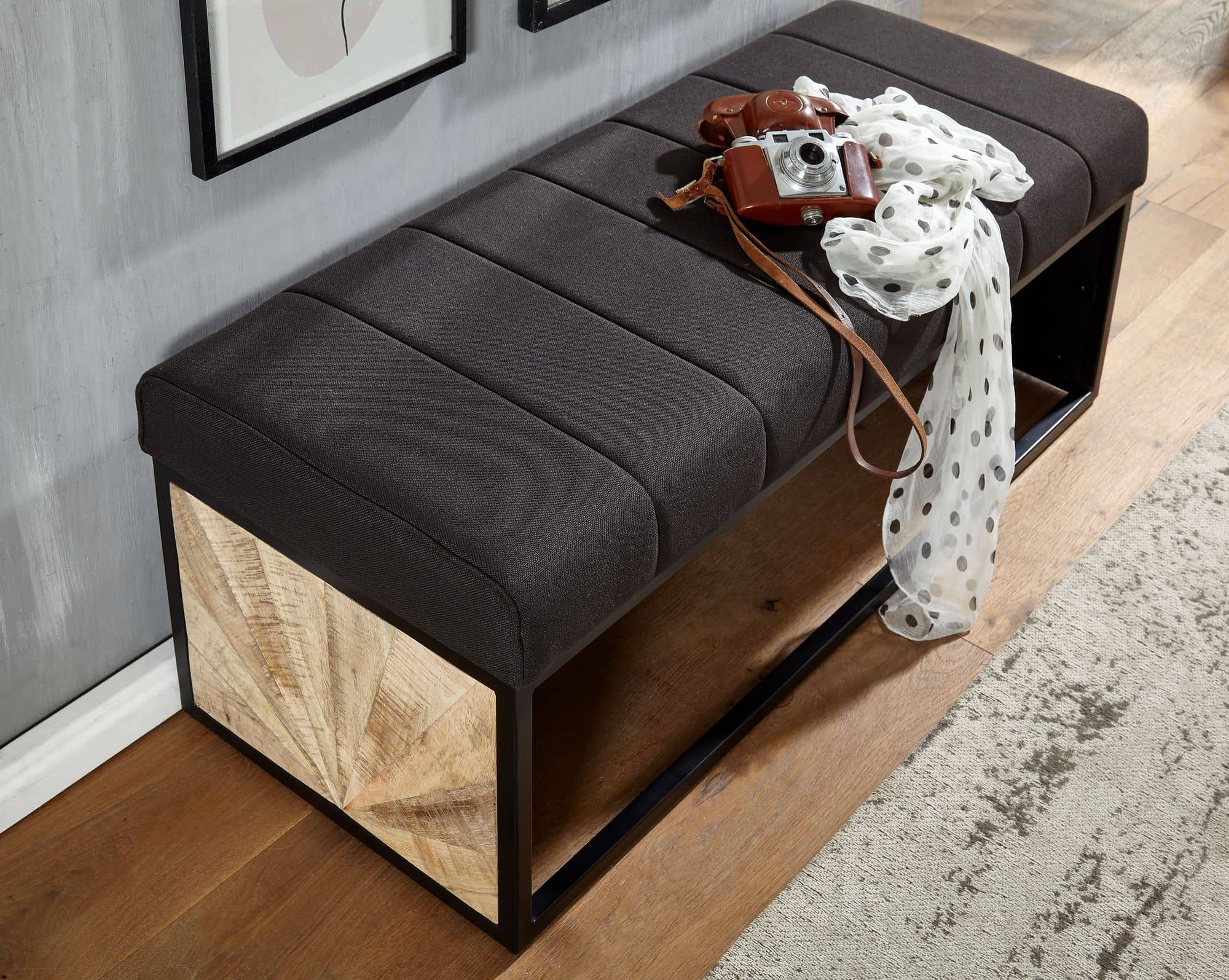 Sitzbank Stoff Schwarz 105x40x40 cm Flur Polsterbank mit Metallgestell Sitzbank Stoff Schwarz 105x40x40 cm Flur Polsterbank mit Metallgestell