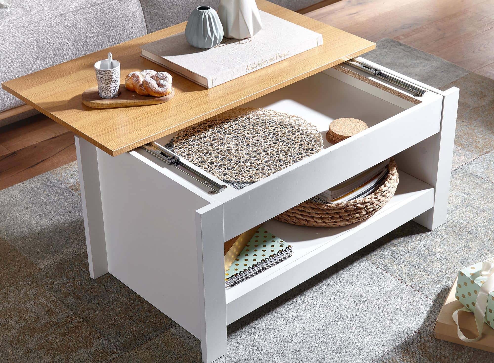 62540-WOHNLING-Couchtisch-Weiss-Eiche-85x47x45-cm-Wohnzimmertisch-mit-Stauraum-Design-Sofatisch-mit-Ablagefach-Modern-Kaffeetisch-Loungetisch-Eckig-hell-rechteckig-weiss-beistellt_ Couchtisch Weiß/Eiche 85×47×45 cm – Stauraum & Design