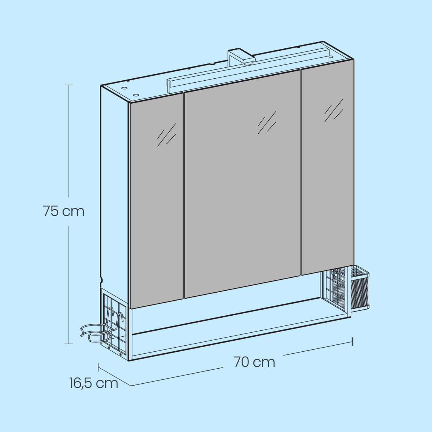 Badezimmerschrank mit LED-Beleuchtung, Steckdosen, Hängekorb Badezimmerschrank mit LED-Beleuchtung, Steckdosen, Hängekorb