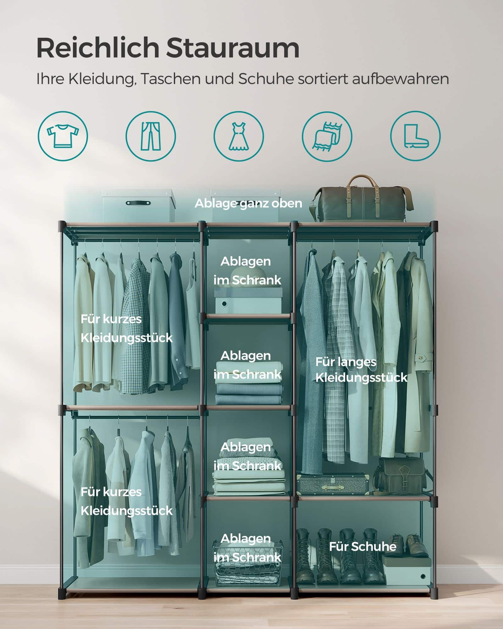 SONGMICS Kleiderschrank in Taupe – Freistehende Garderobe mit Kleiderstangen SONGMICS Kleiderschrank in Taupe – Freistehende Garderobe mit Kleiderstangen
