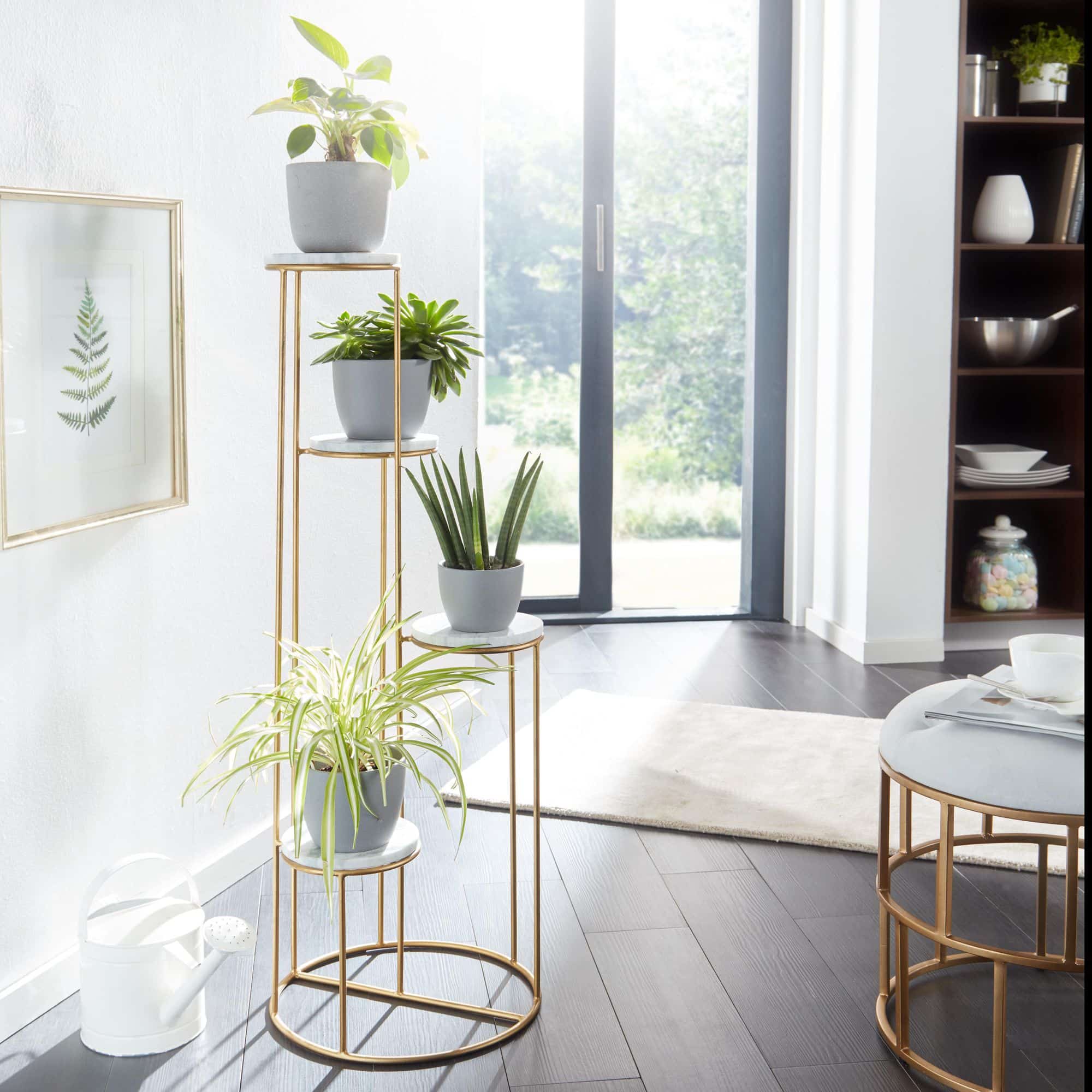 74505-Wohnling-Regal-40x40x110-cm-Gold-WL6-678-3 Blumenständer Echter Marmor Weiß 36,5x107,5x36,5 cm Pflanzenständer Stehend Gold