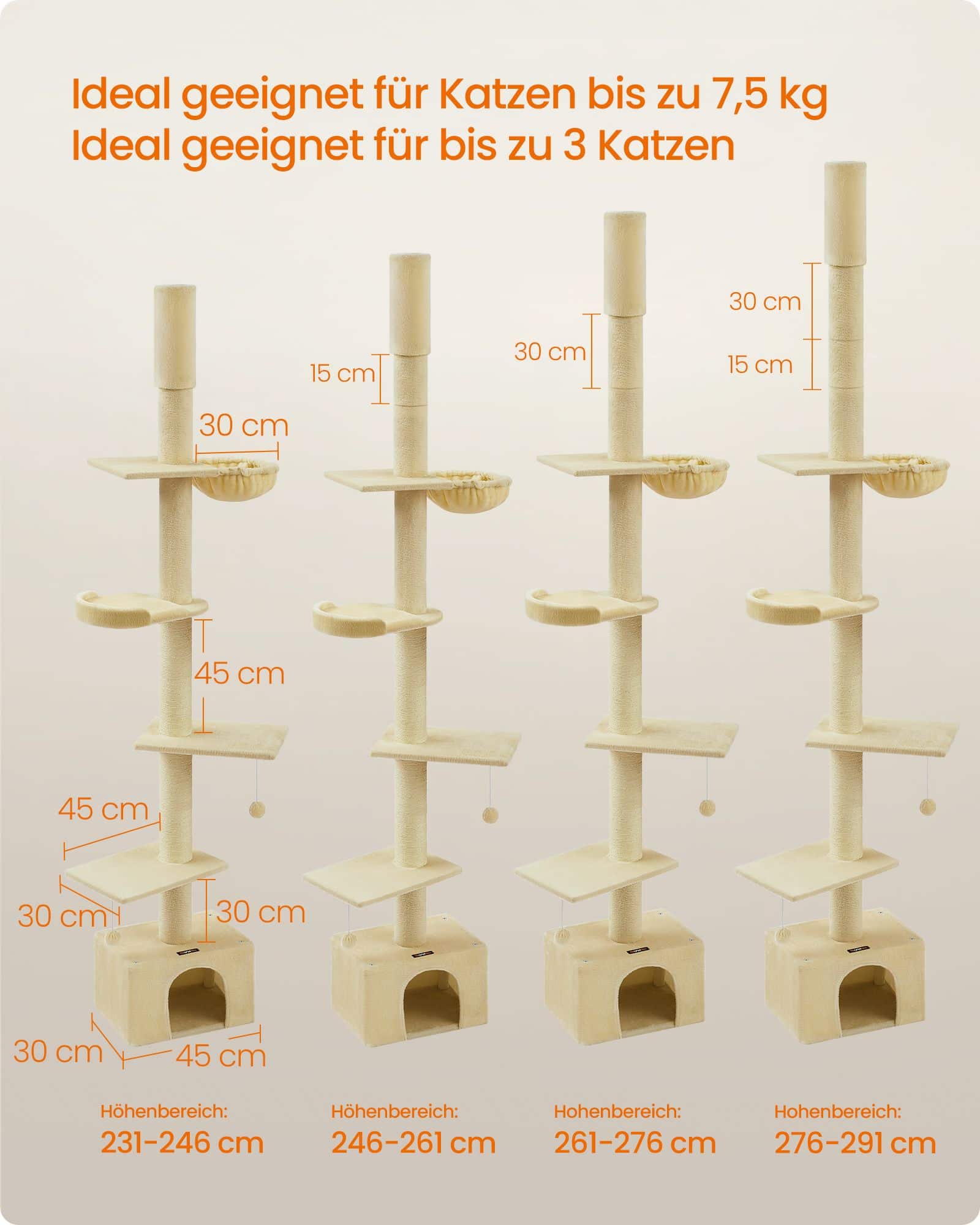 Kratzbaum deckenhoch 231-291 cm höhenverstellbar beige Kratzbaum deckenhoch 231-291 cm höhenverstellbar beige